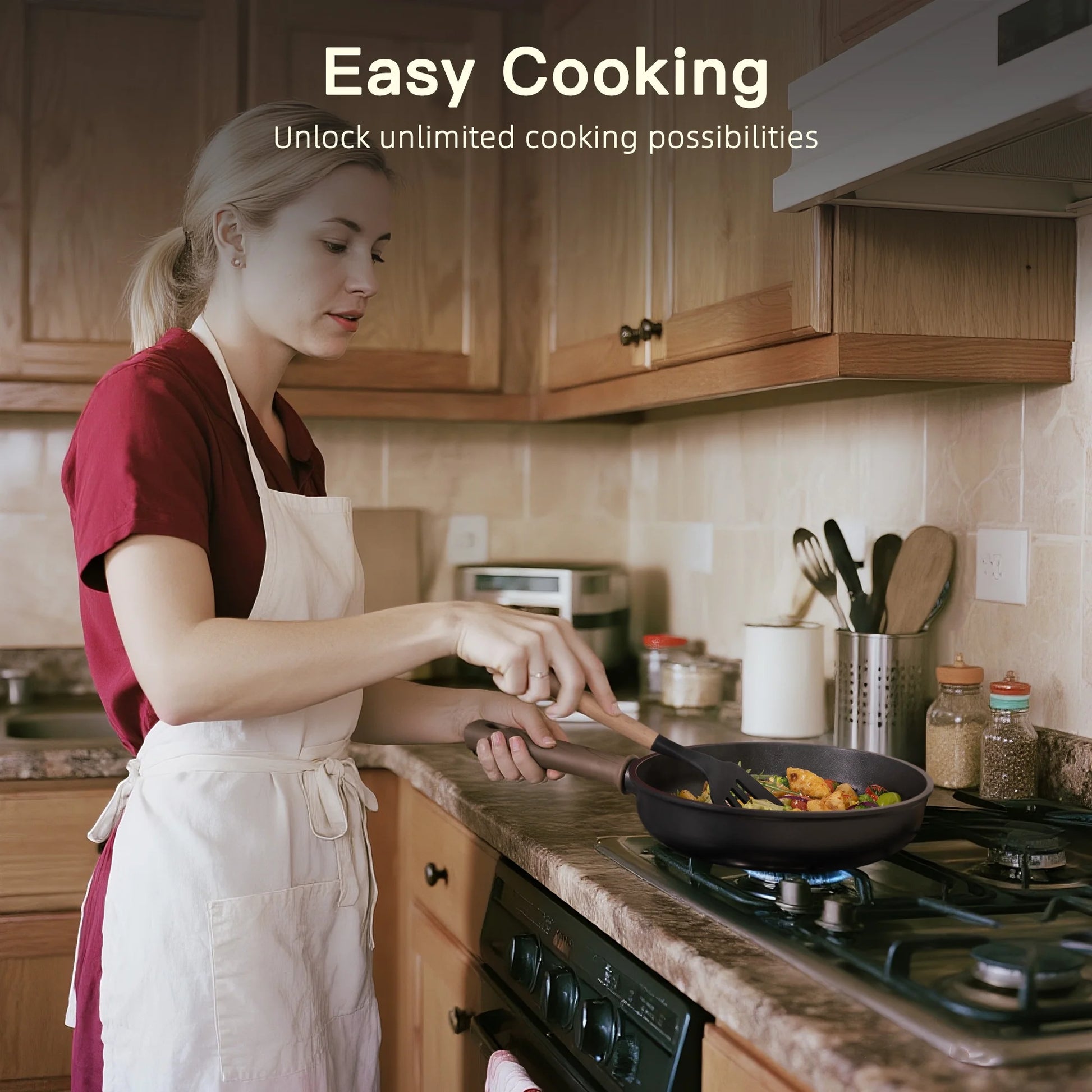 18-Piece Pots and Pans Set, Nonstick Cookware Set with Elegant Wooden Handle, Oven Safe to 480°F, Induction Compatible, Kitchen Cooking Set for RV Trips, Camping and Picnic, Black