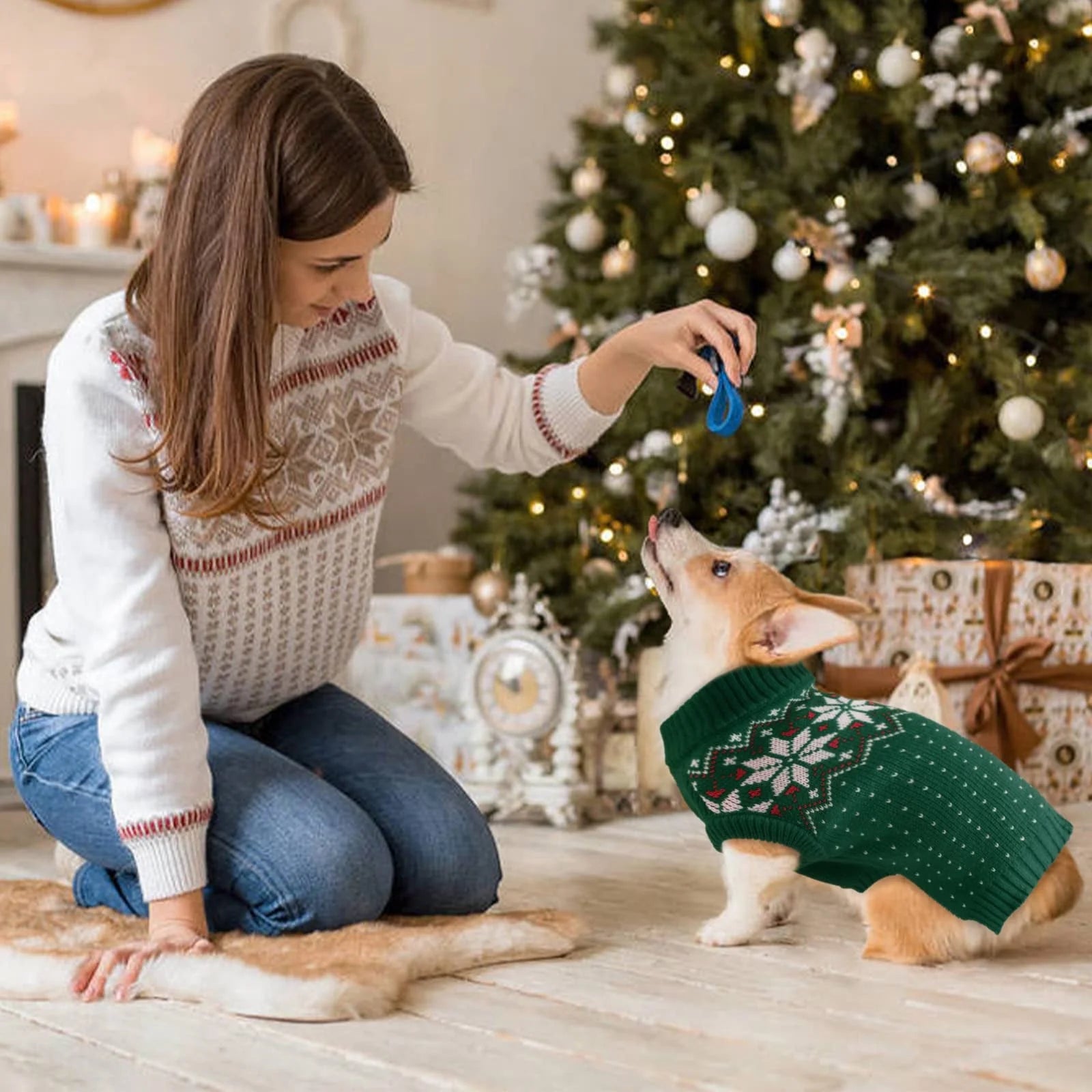 Holiday Christmas Snowflake Knit Sweater for Dogs and Cats, Green, Medium