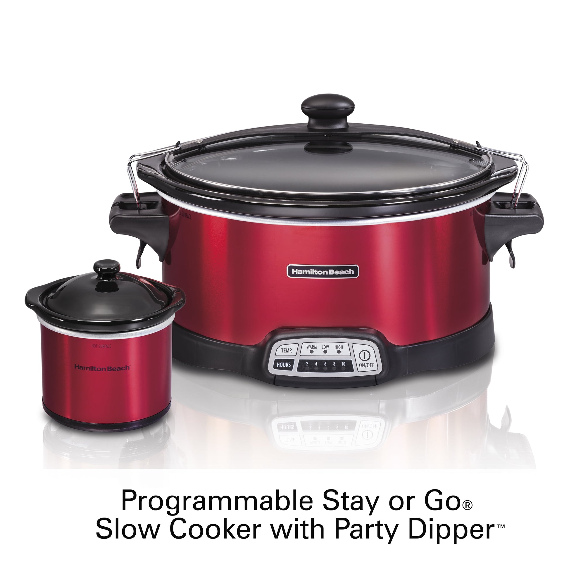 Stay or Go Programmable Slow Cooker with Party Dipper, 7 Quart Capacity, Removable Crock, Red, 33478