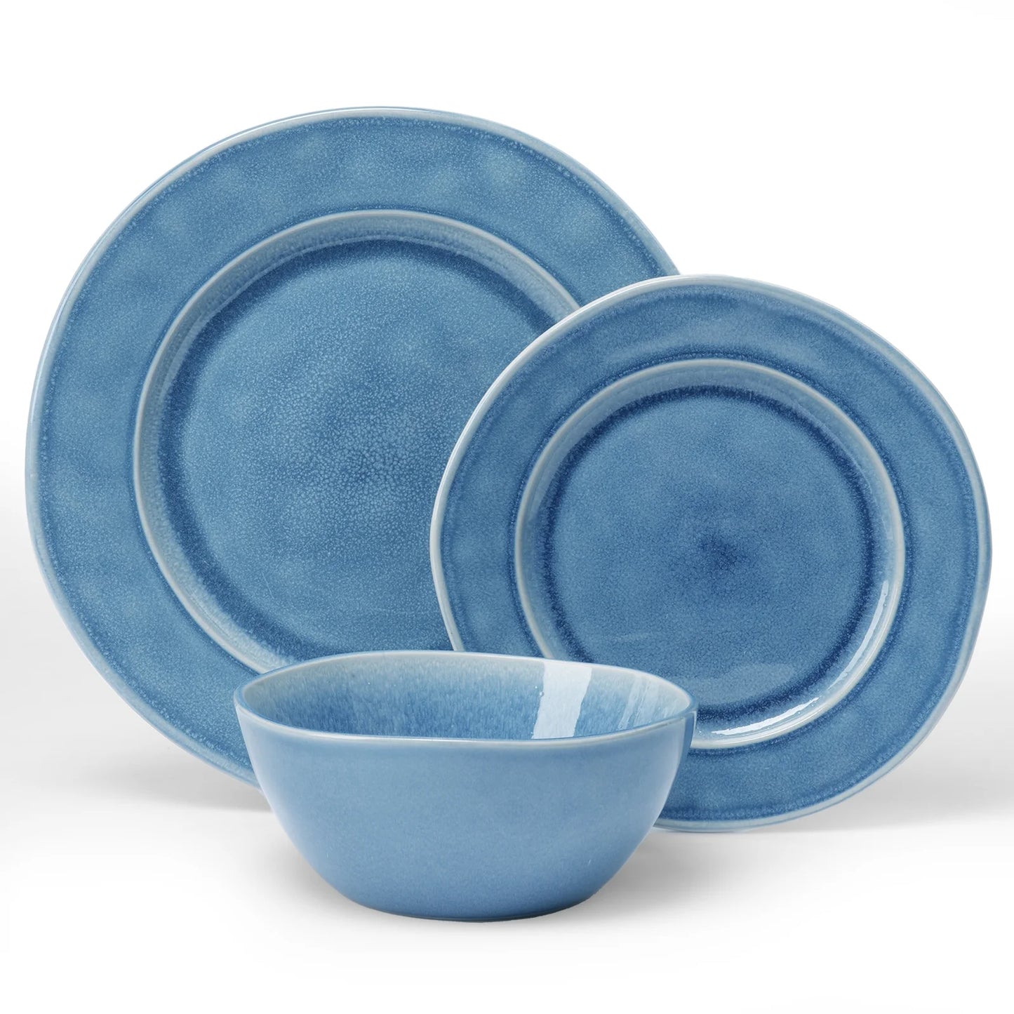 Aurora 12 Piece Dinnerware Set, Stoneware Plates and Bowls Set, Service for 4, Lagoon Blue