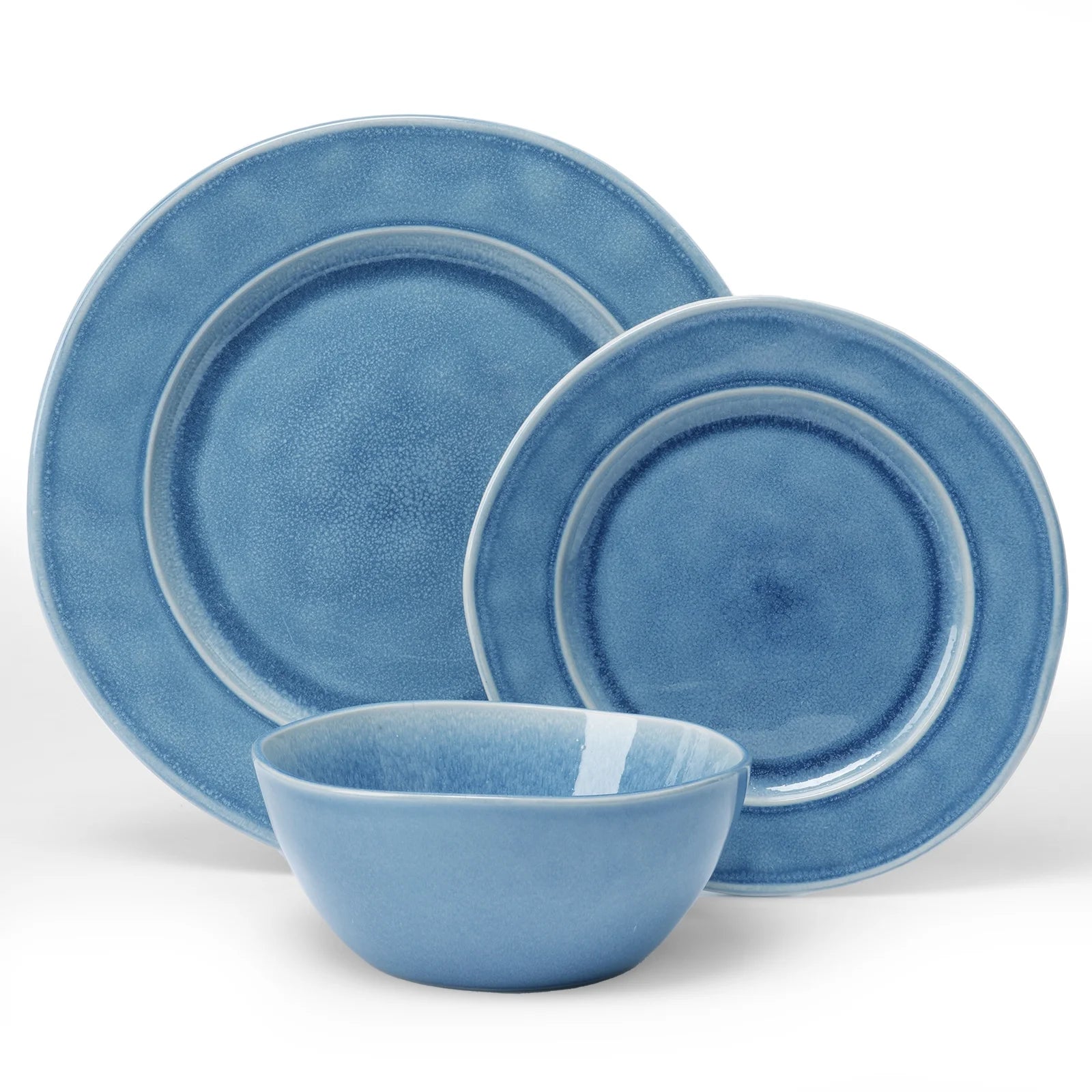 Aurora 12 Piece Dinnerware Set, Stoneware Plates and Bowls Set, Service for 4, Lagoon Blue