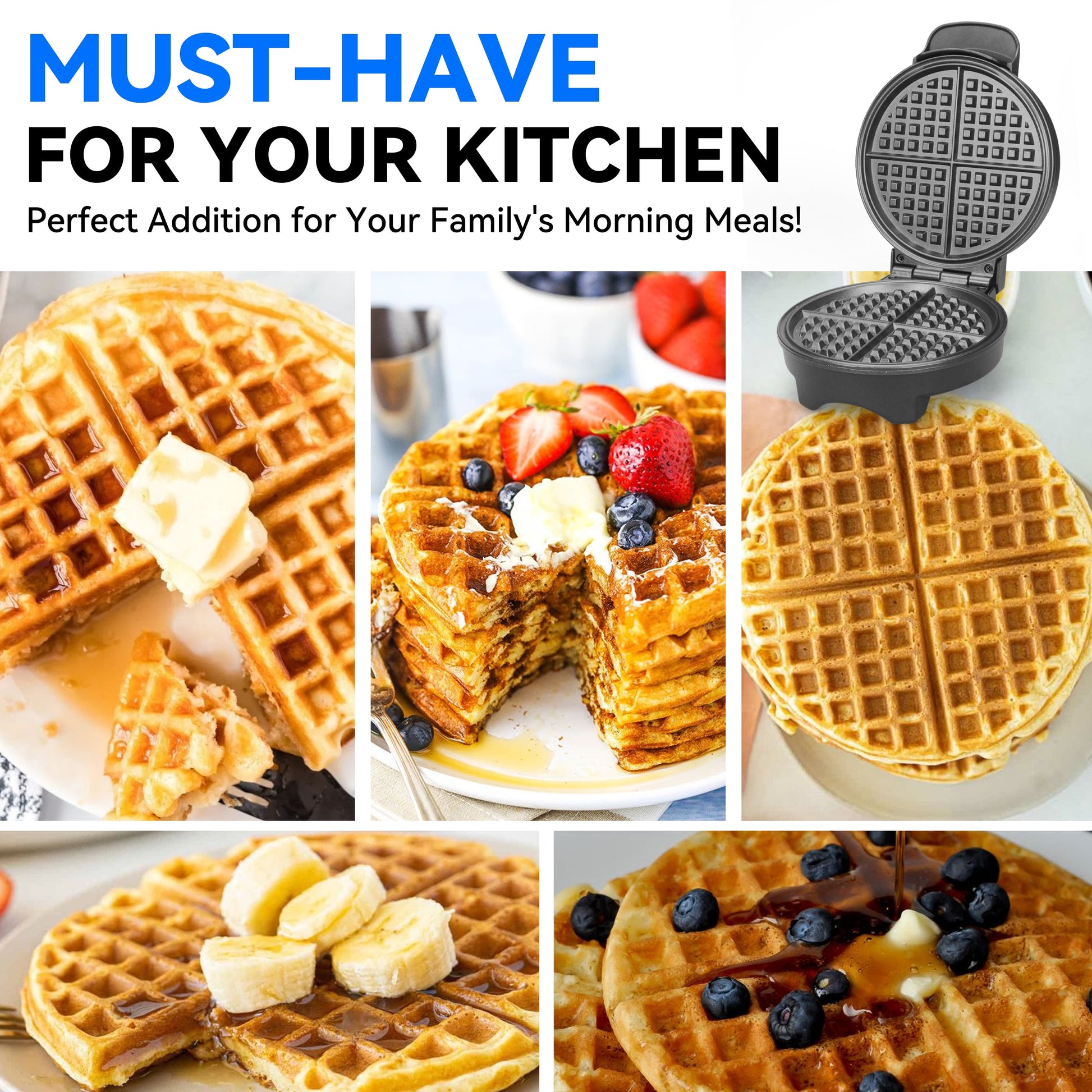 Classic Waffle Maker, 7 Inch round Waffles Iron, 1 Waffle in 4 Quarters, Non-Stick