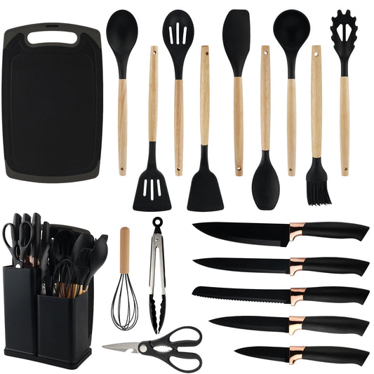 19Pcs Cooking Utensils Set, Kitchen Set Utensils Set with 11 Pieces Spatula Cooking Utensils,Heat Resistant Silicone Utensils 5 Piece Sharp Knife Set 1 Scissors and 1 Utensil Cutting Board Black