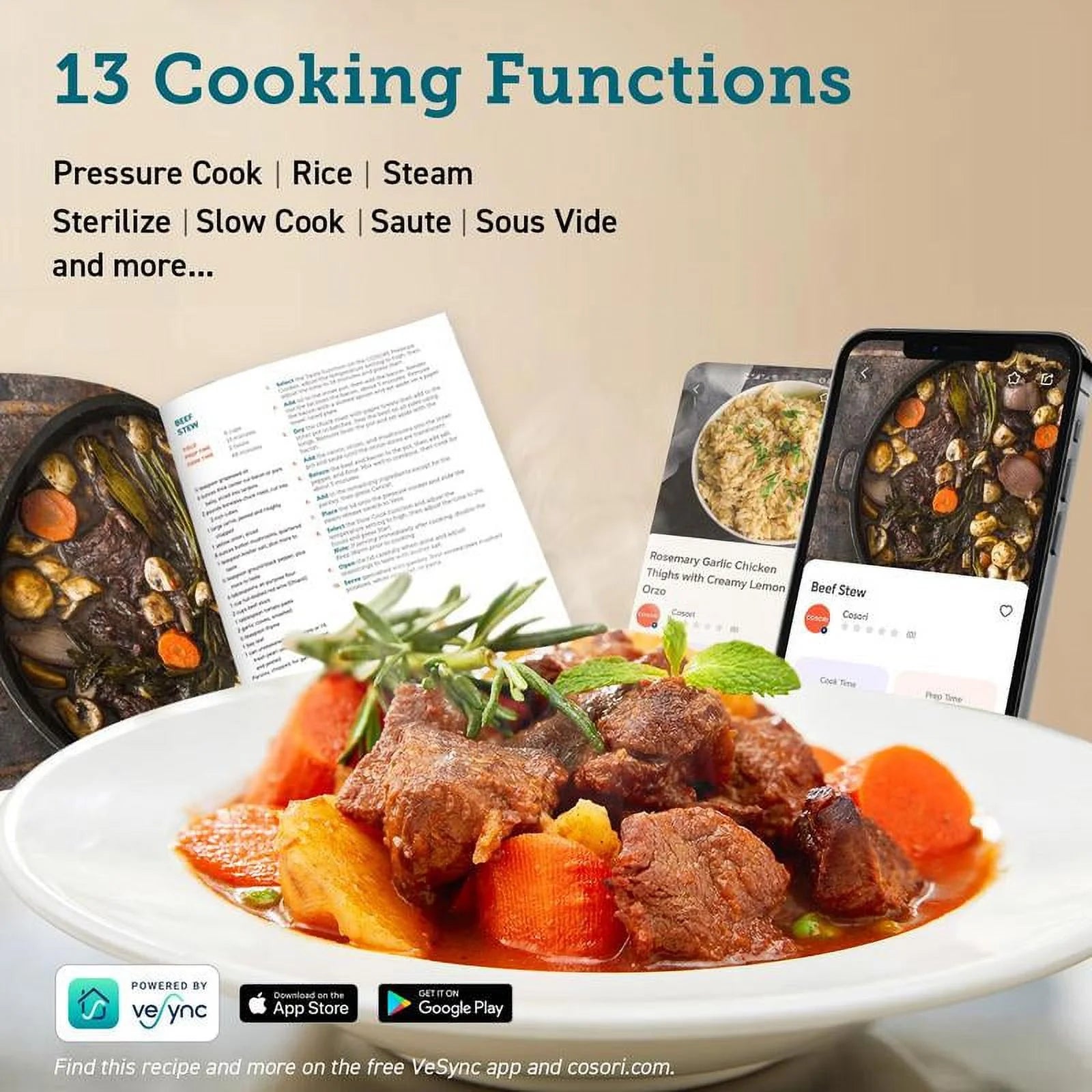 COSORI Electric Pressure Cooker 6-Qt, 9-In-1 Multi-Cooker: Rice, Sauté, Sous Vide, Sterilizer, 1100W, Stainless Steel, Aluminium Inner Pot, Cookbook,Christmas Gift