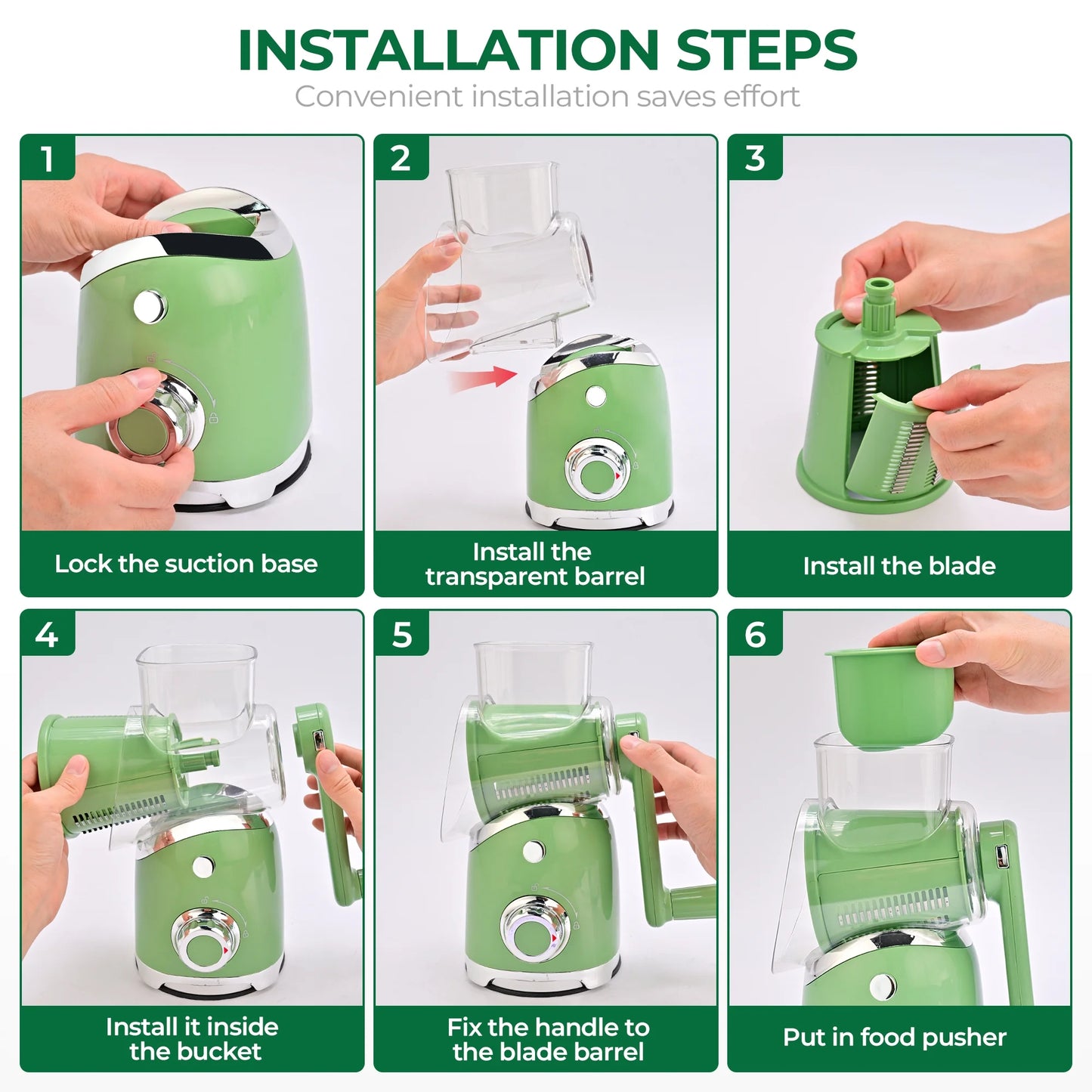 Rotary Cheese Grater with Handle, Vegetable Slicer with 6 Interchangeable Blades, Reinforced Suction, Easy to Clean, Blade Storage Case, Kitchen Shredder for Crushed Ice, Fruits and Nuts