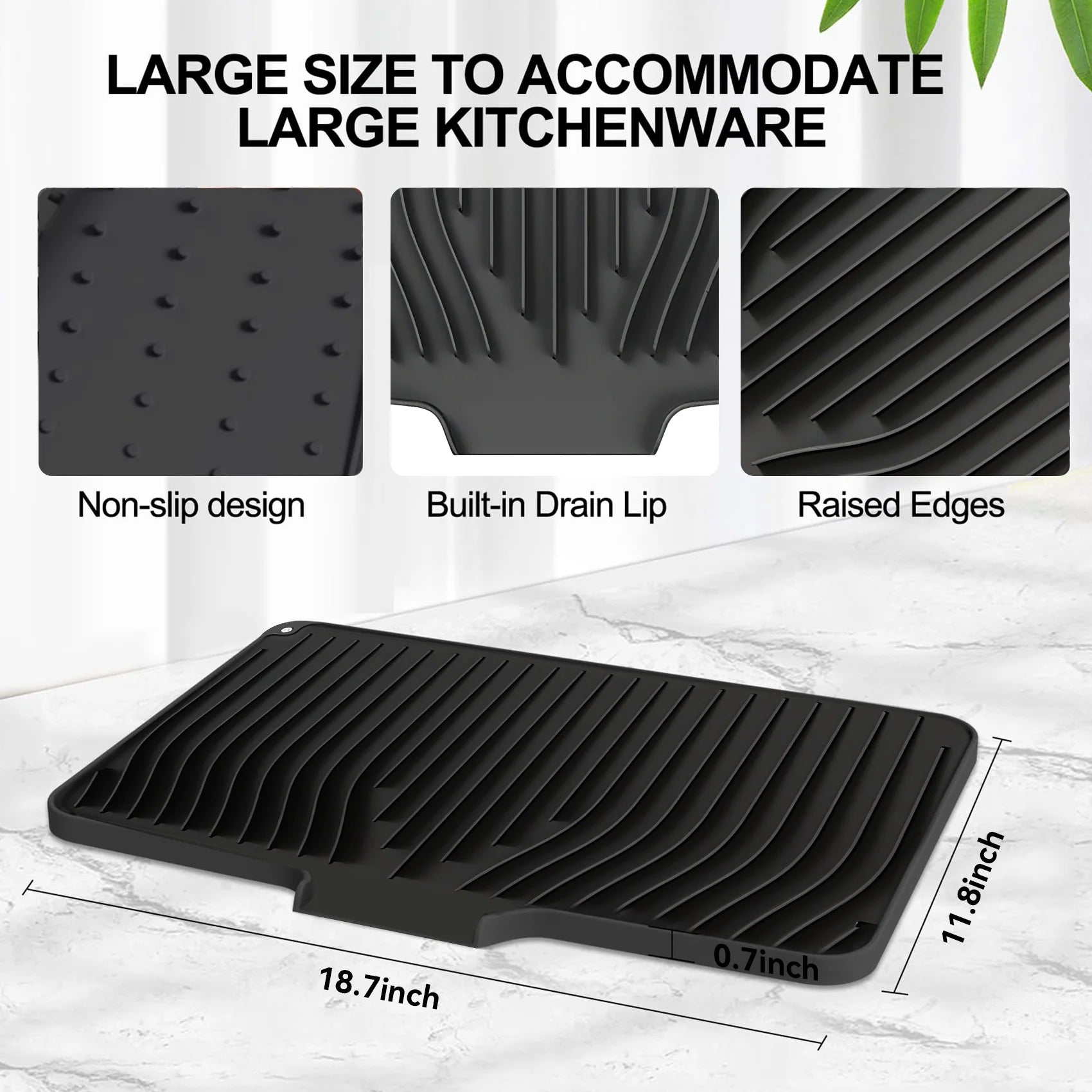 Silicone Dish Drying Mat with Drain Lip – Large 18.9"X13.8" Hygienic Counter Tray for Kitchen Sink, Easy to Clean, No Water Buildup