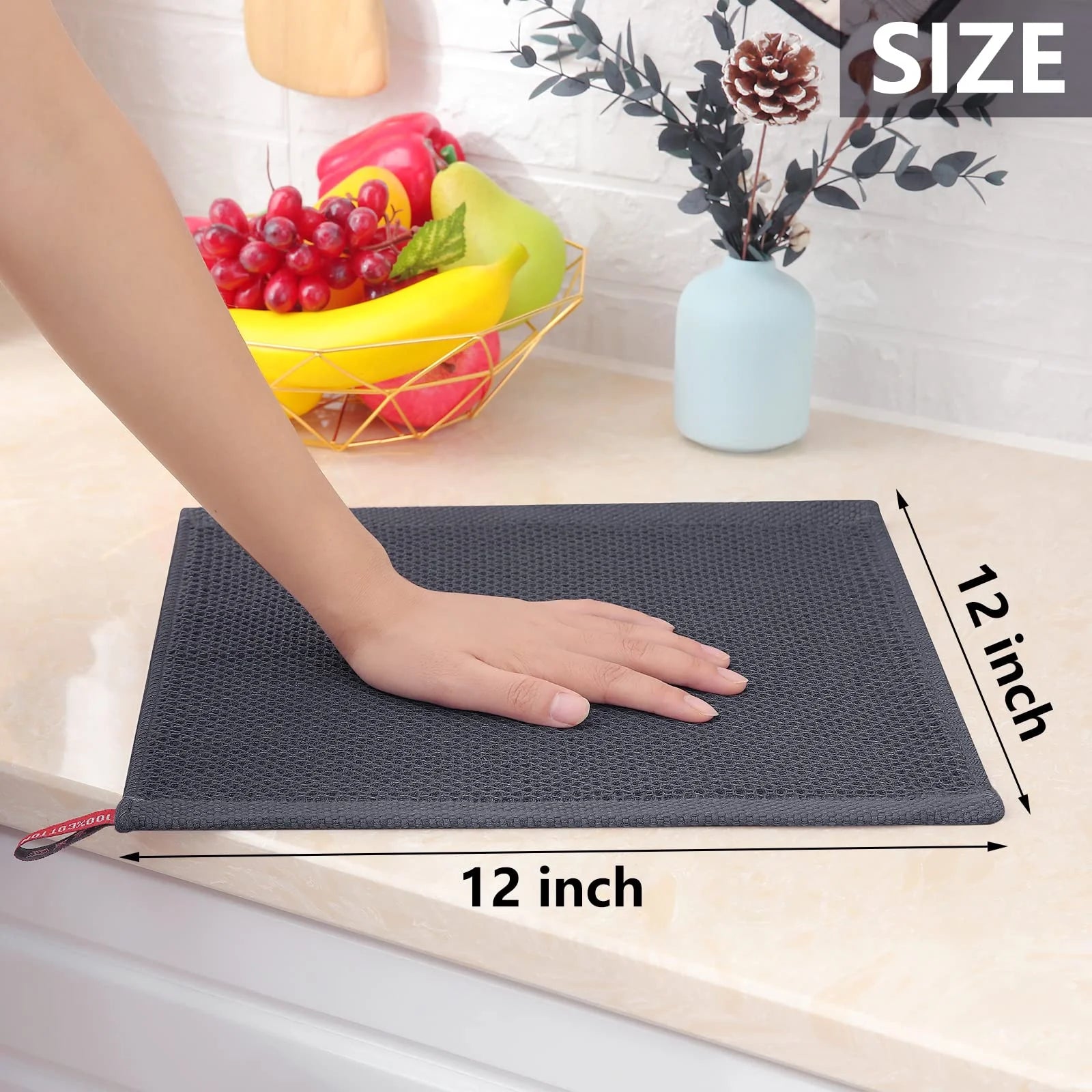Premium 100% Cotton Waffle Weave Kitchen Dish Cloths, Ultra Soft and Highly Absorbent Quick Drying Towels, 12x12 Inches, Set of 6, Dark Grey