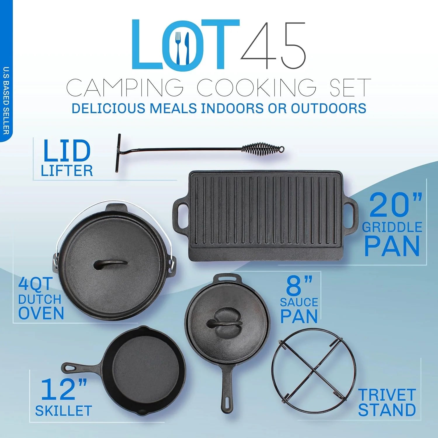 Pre-Seasoned Dutch Oven Camping Cooking Set Cookware - Cast Iron Griddle, 4Qt Dutch Oven, Griddle Pan, Frying Pan, Pre-Seasoned Cast Iron Camping Cooking Set with Storage
