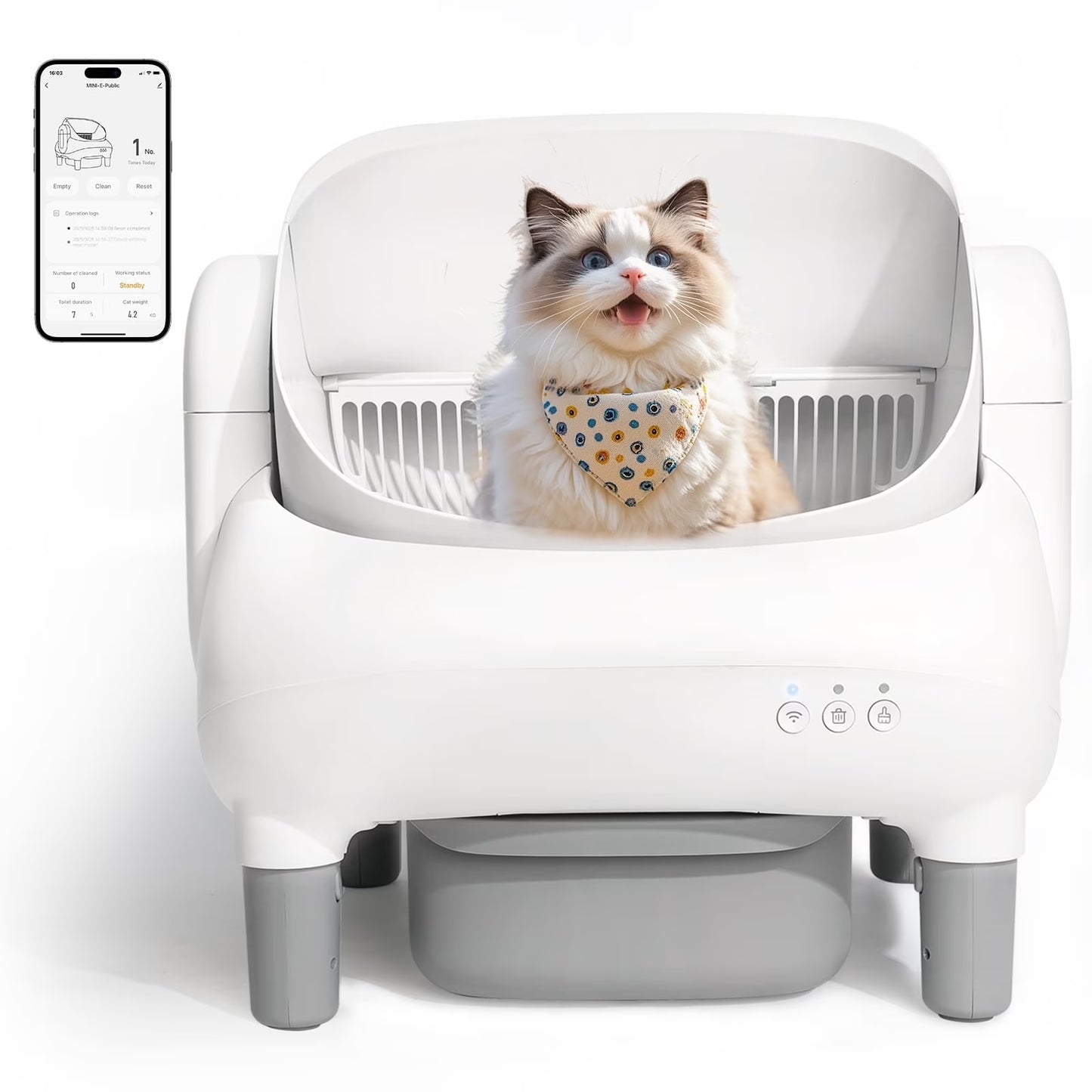 Automatic Self-Cleaning Litter Box with App Control for Multiple Cats, Open Top Design, Safety Sensors, Odor Control, Includes 2 Roll Liners and Large Waste Bin