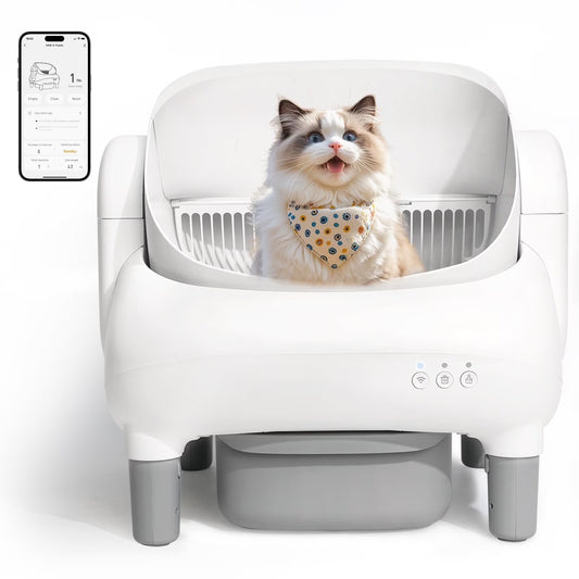 Automatic Self-Cleaning Litter Box with App Control for Multiple Cats, Open Top Design, Safety Sensors, Odor Control, Includes 2 Roll Liners and Large Waste Bin