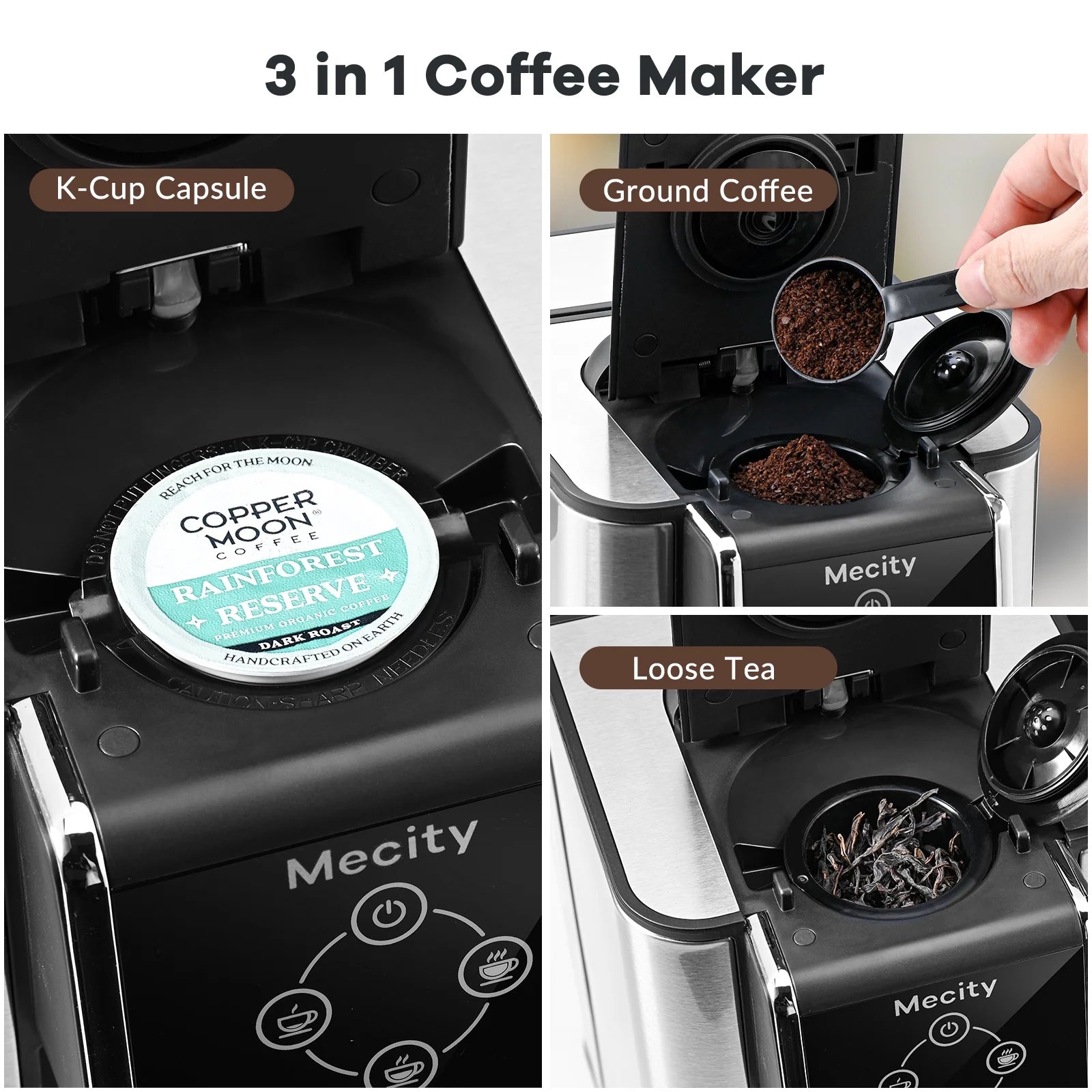 Coffee Maker 3 in 1 Single Serve Coffee Machine, Compatible with K Cup Capsules, Instant Coffee Pot, Tea Maker, 6,8,10 Oz Cup, Removable 50 Oz Water Reservoir, 120V 1150W,Black