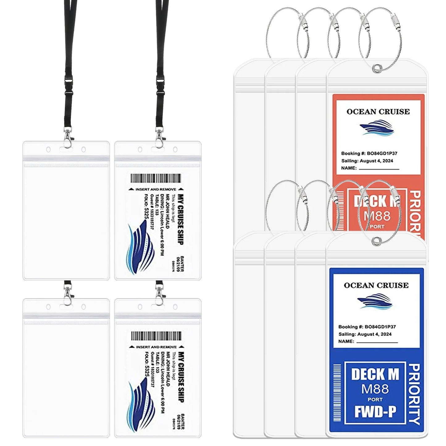 12-Piece Waterproof Cruise Luggage Tag and ID Holder Set with Zip Seal and Steel Loops, Durable PVC Holders Compatible with All Cruise Lines