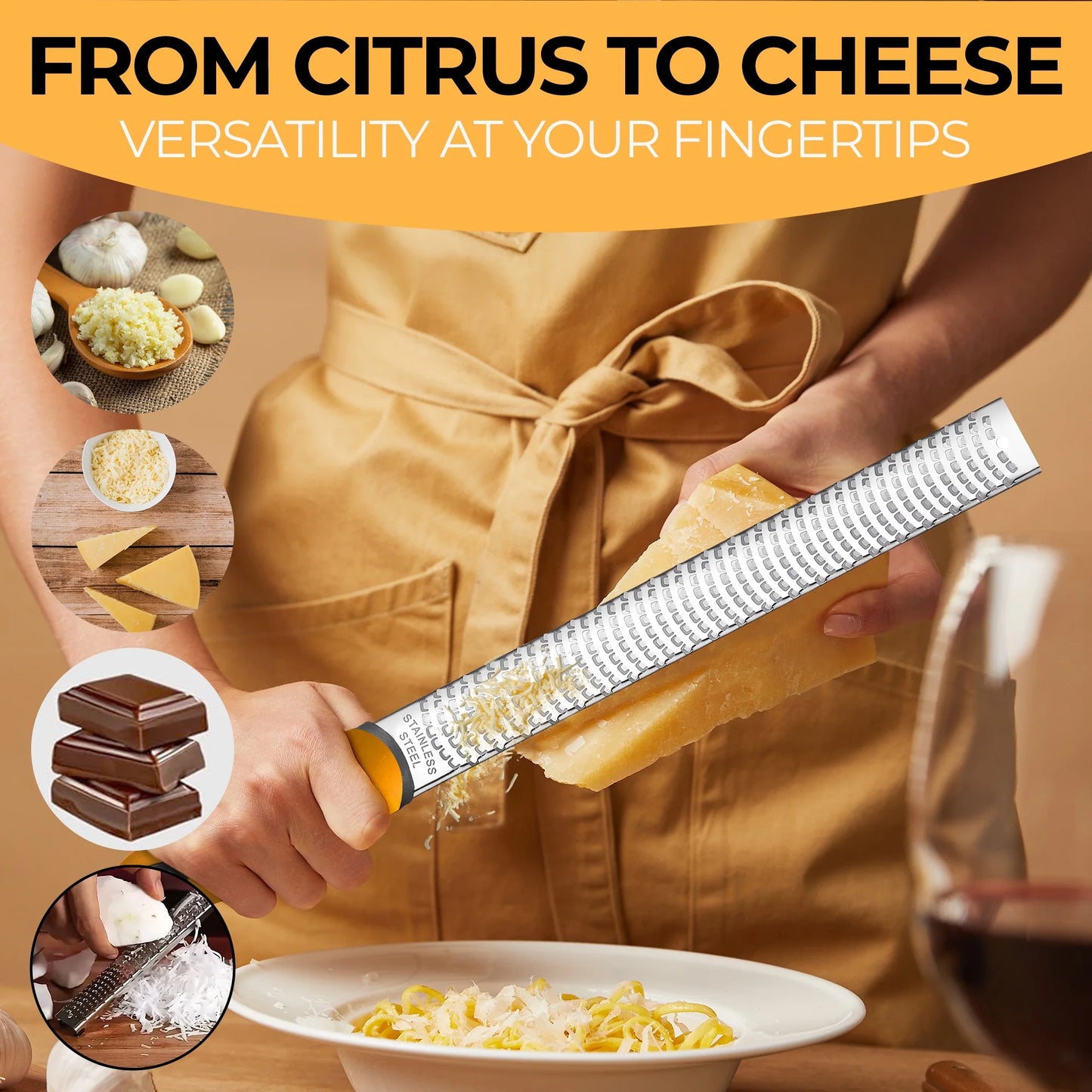 Lemon Zester & Cheese Grater - Premium Citrus Zester, Kitchen Grater for Parmesan, Chocolate, Fruits, Vegetables, Ginger, Garlic, Nutmeg - Stainless Steel Blades with Protective Cover, Orange