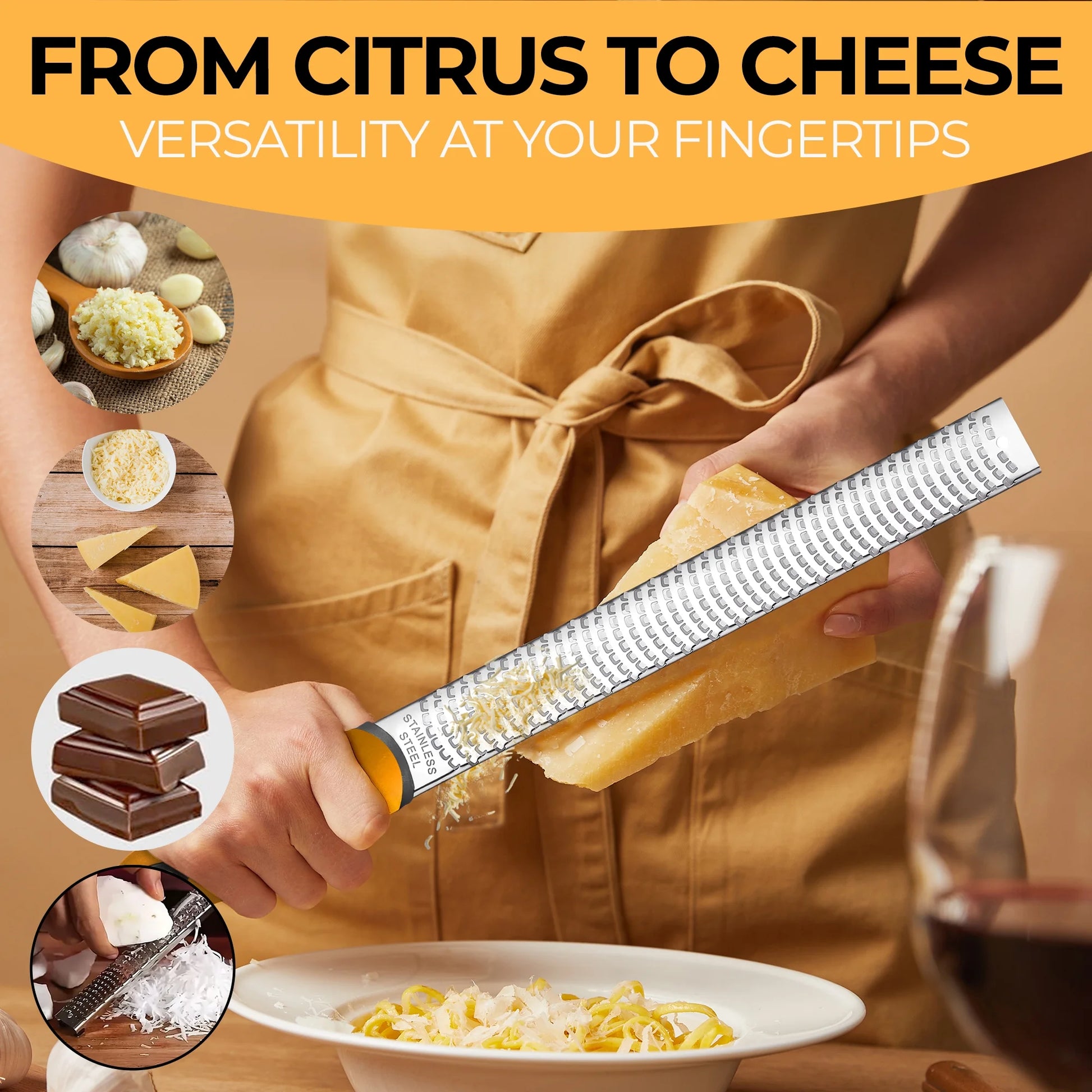 Lemon Zester & Cheese Grater - Premium Citrus Zester, Kitchen Grater for Parmesan, Chocolate, Fruits, Vegetables, Ginger, Garlic, Nutmeg - Stainless Steel Blades with Protective Cover, Orange