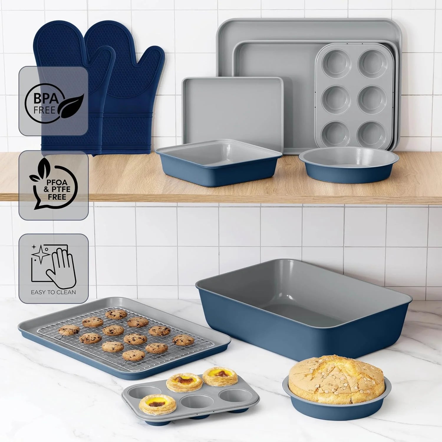 13-Piece Nonstick Cookware and Bakeware Set - Pots and Pans Collection with Stackable Design, Denim