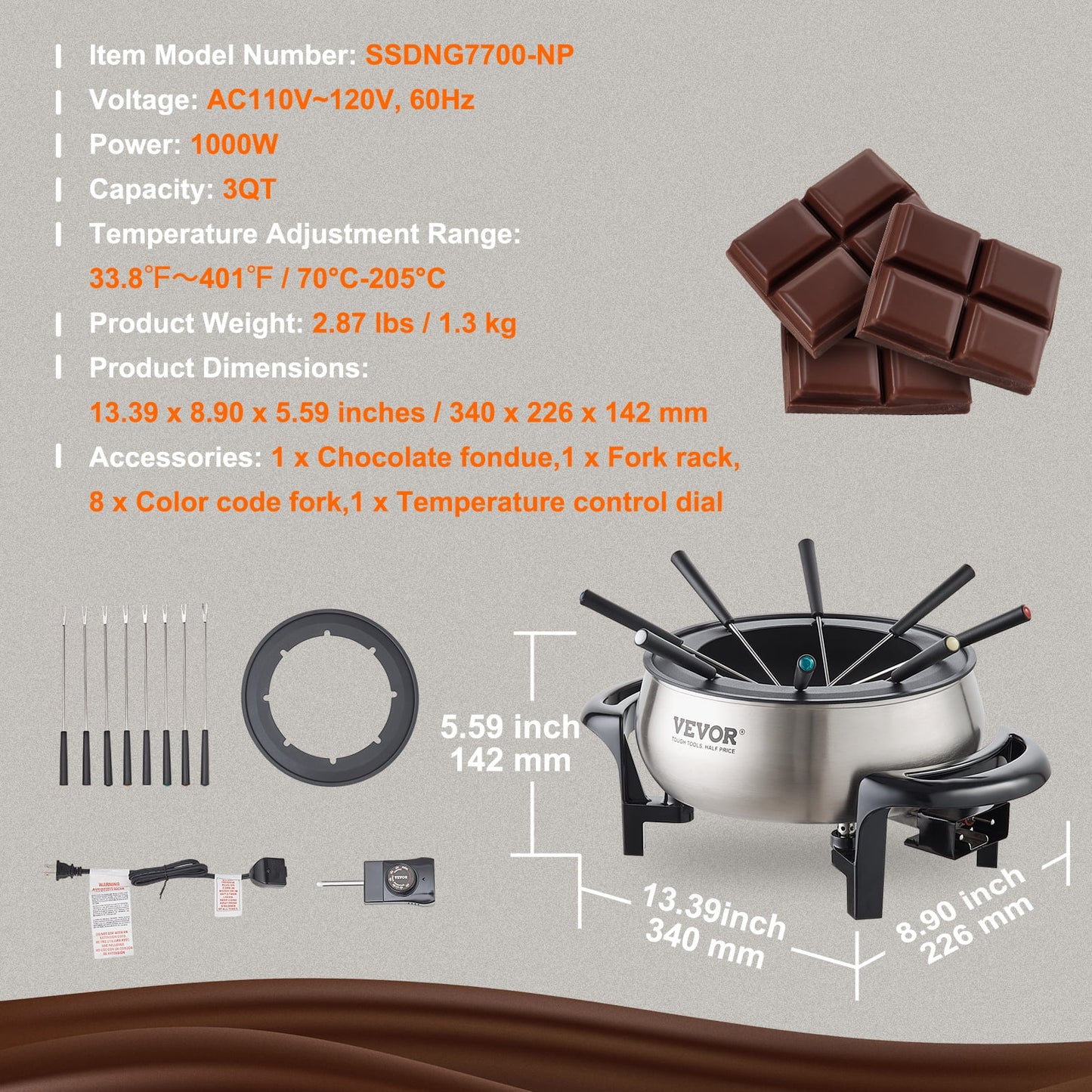 Electric Fondue Pot Set for Cheese & Chocolate, 3 Quart Chocolate Melting Warmer, Stainless Steel Fondue Maker with Temperature Control and 8 Forks,For Hors Deoeuvres,Entrees,And Desserts