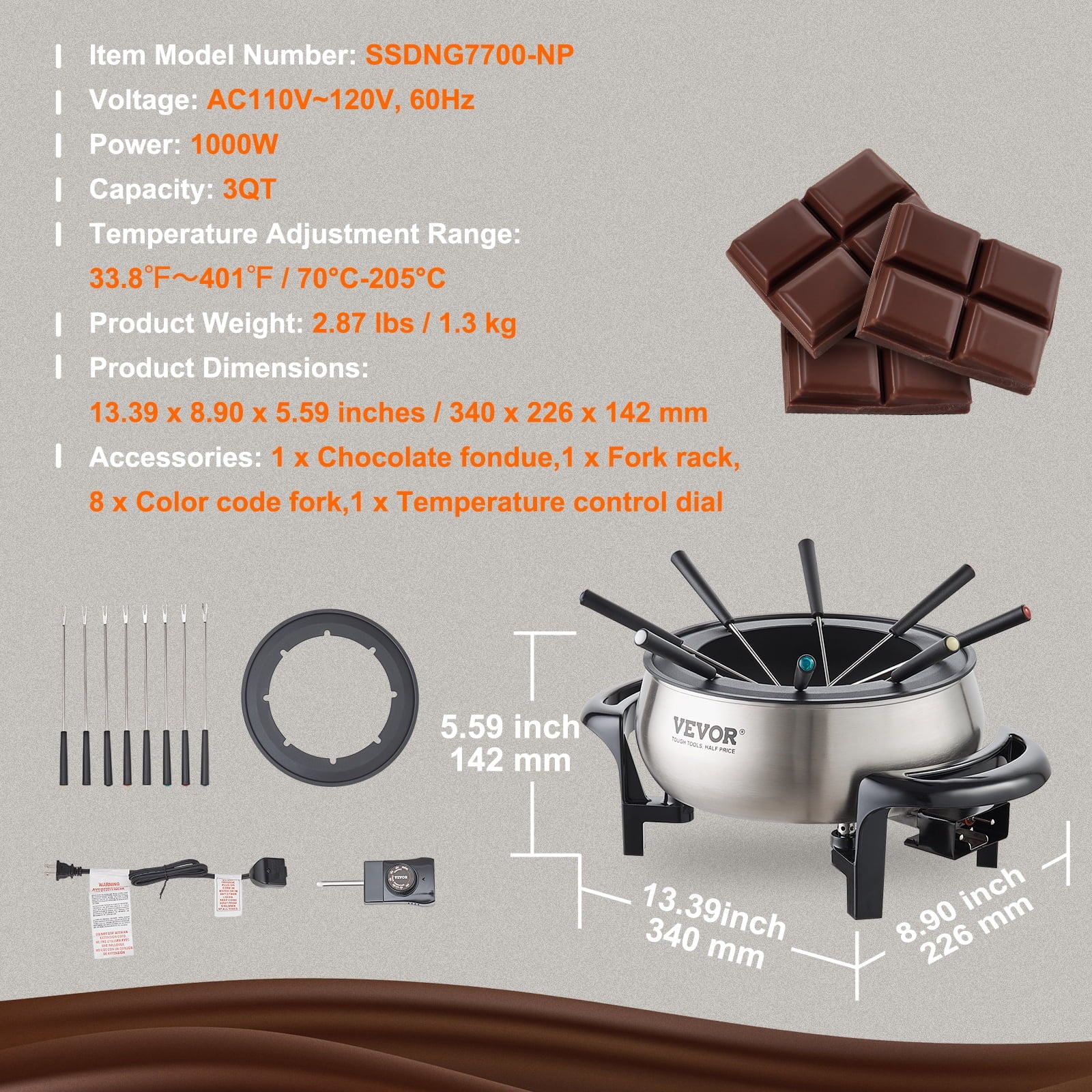 Electric Fondue Pot Set for Cheese & Chocolate, 3 Quart Chocolate Melting Warmer, Stainless Steel Fondue Maker with Temperature Control and 8 Forks,For Hors Deoeuvres,Entrees,And Desserts