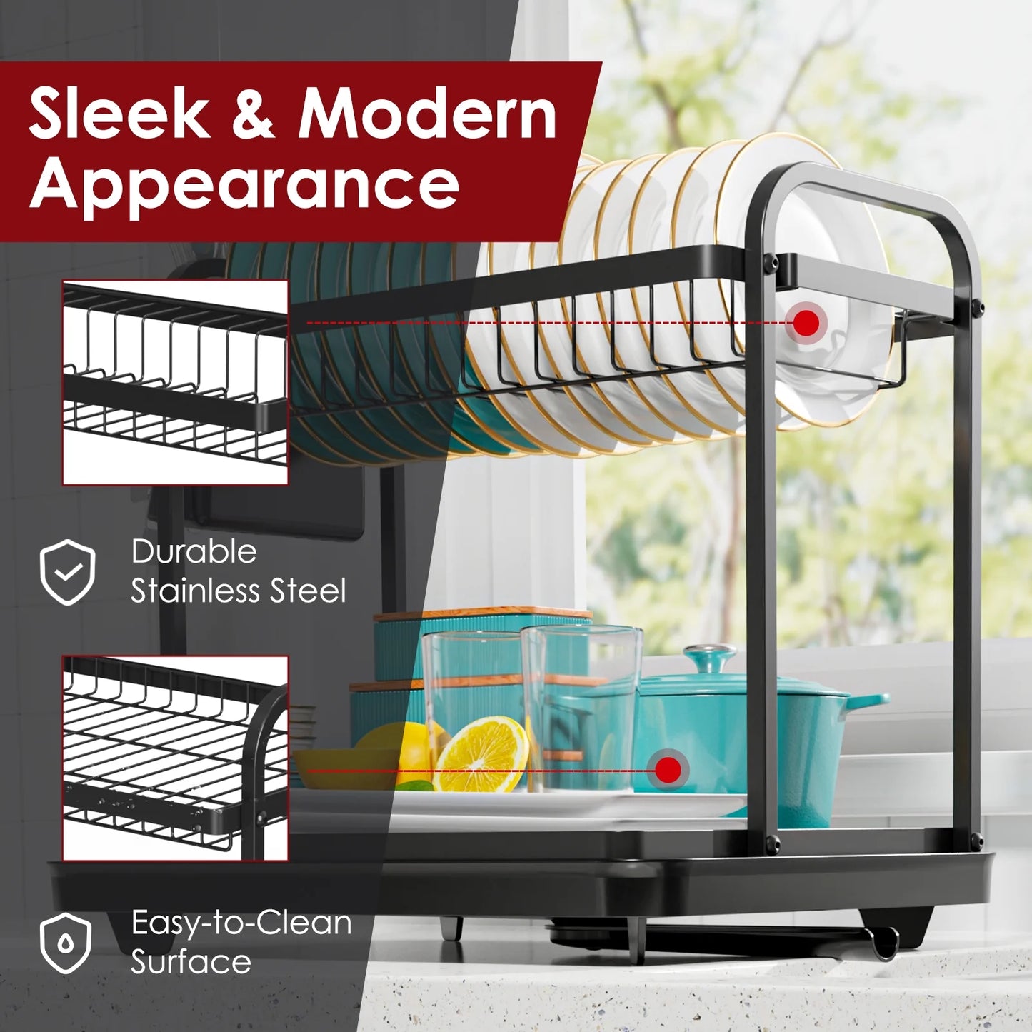 Dish Drying Rack, 2-Tier Stainless Steel Dish Racks, Dish Drainer for Kitchen Counter, Black