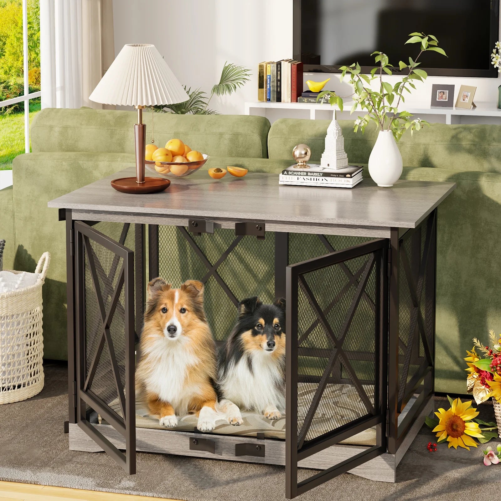 48-Inch Extra-Large Wooden Dog Crate with Double Doors, Indoor Kennel and End Table, Anti-Chew and Anti-Escape Design, Gray