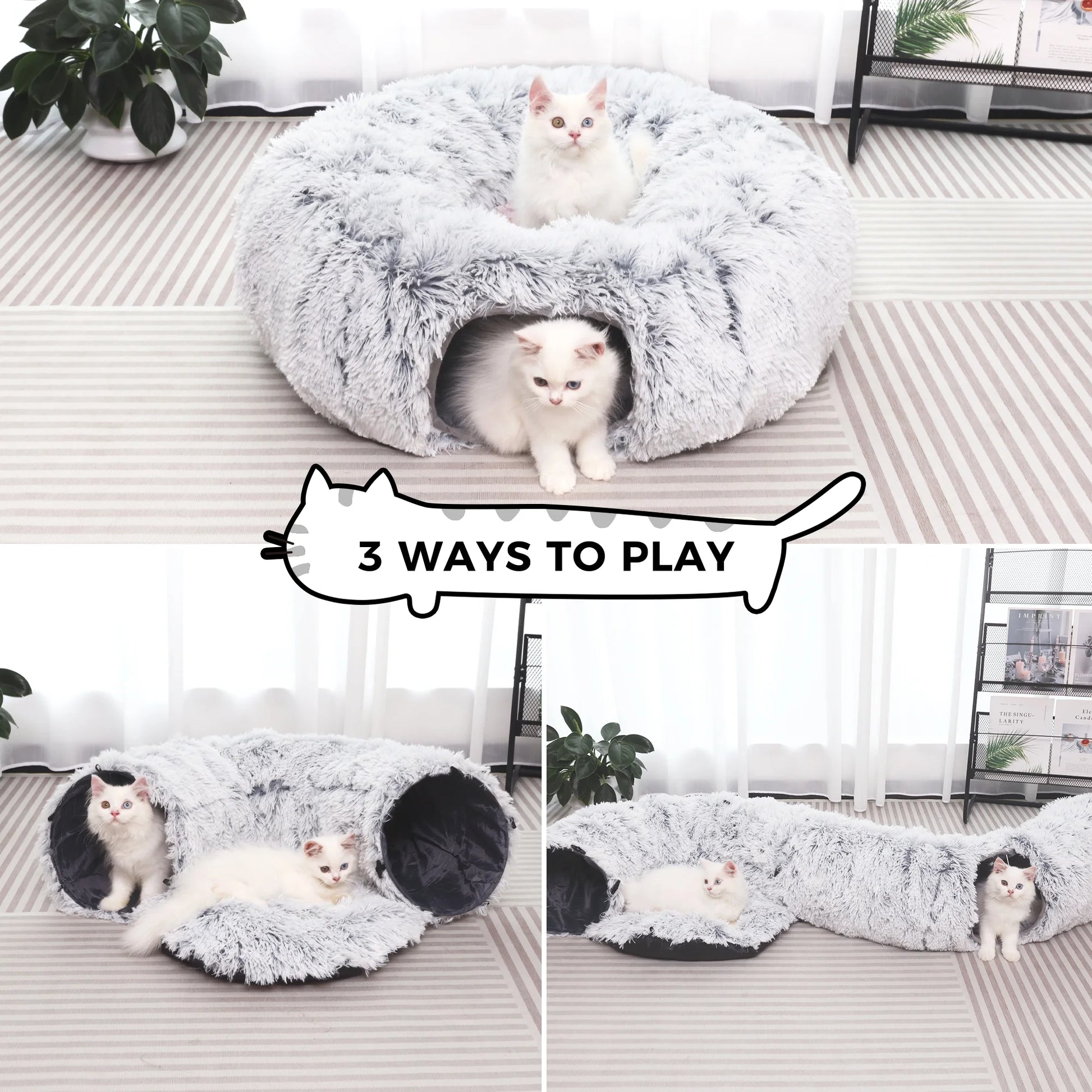 Multifunctional Plush Cat Tunnel with Integrated Bed for Indoor Cats, Suitable for Small to Large Cats, Kittens, Rabbits, and Puppies