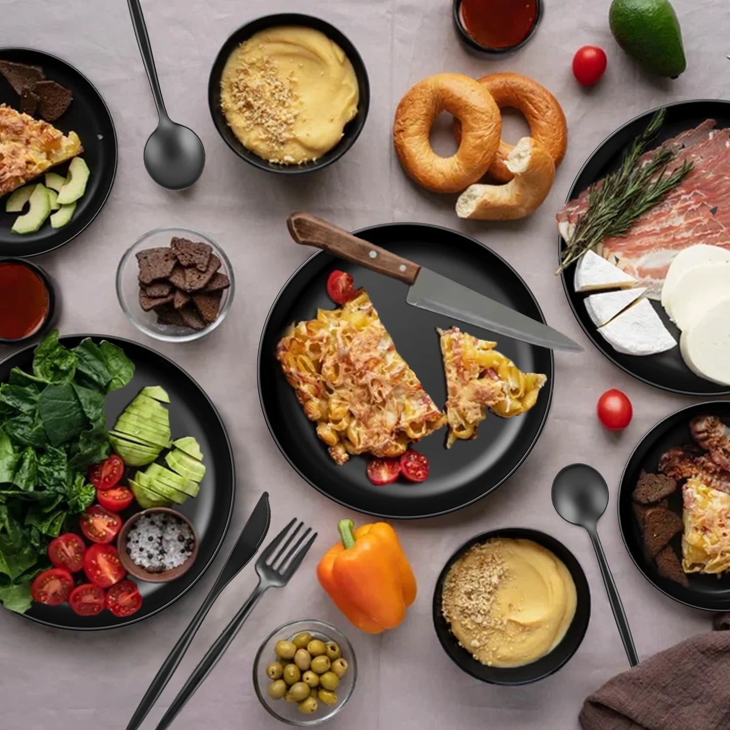 Wheat Straw Dinnerware Set, Service for 4, 48 PCS Unbreakable Plastic Plates and Bowls Sets, Dishwasher Microwave Safe, Black