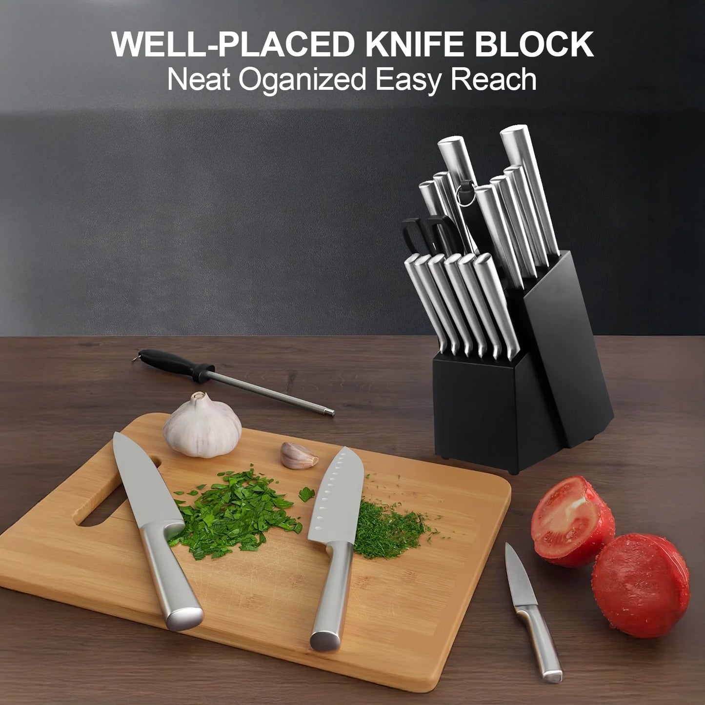 Kitchen Knife Set with Block, 16 PCS High Carbon Stainless Steel Sharp Serrated Steak Knives(Silver)