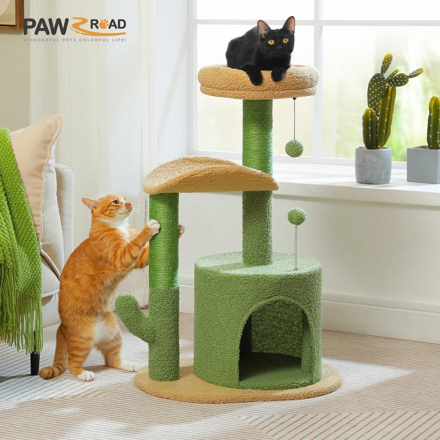 32-Inch Cactus Cat Tree Tower with Scratching Posts and Cozy Condo Perch for Indoor Cats, Green