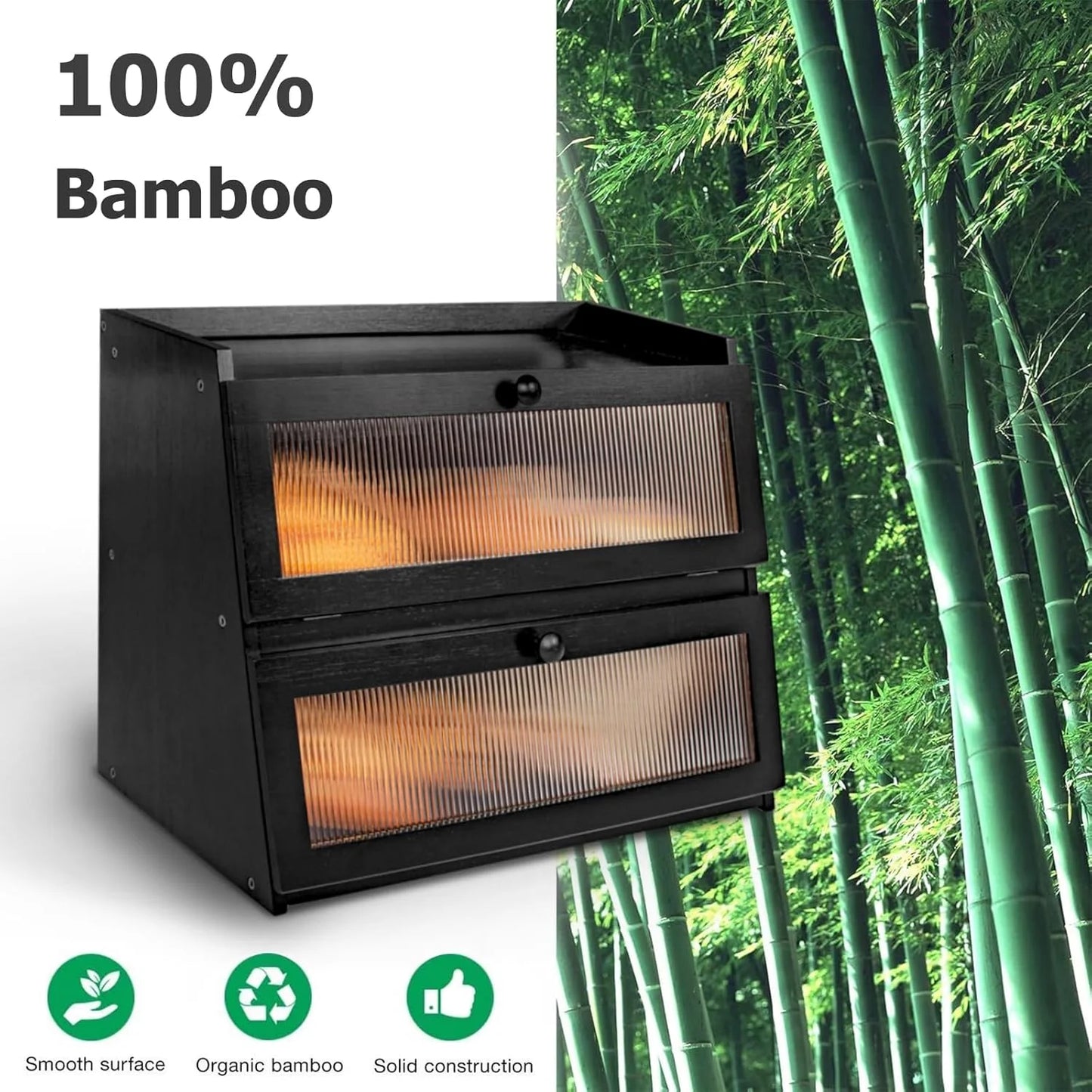 Pure Bamboo Bread Box, Roomy Two-Layer Breadbox for Kitchen Counters, Easy to Assembly Bread Storage Container (Black)