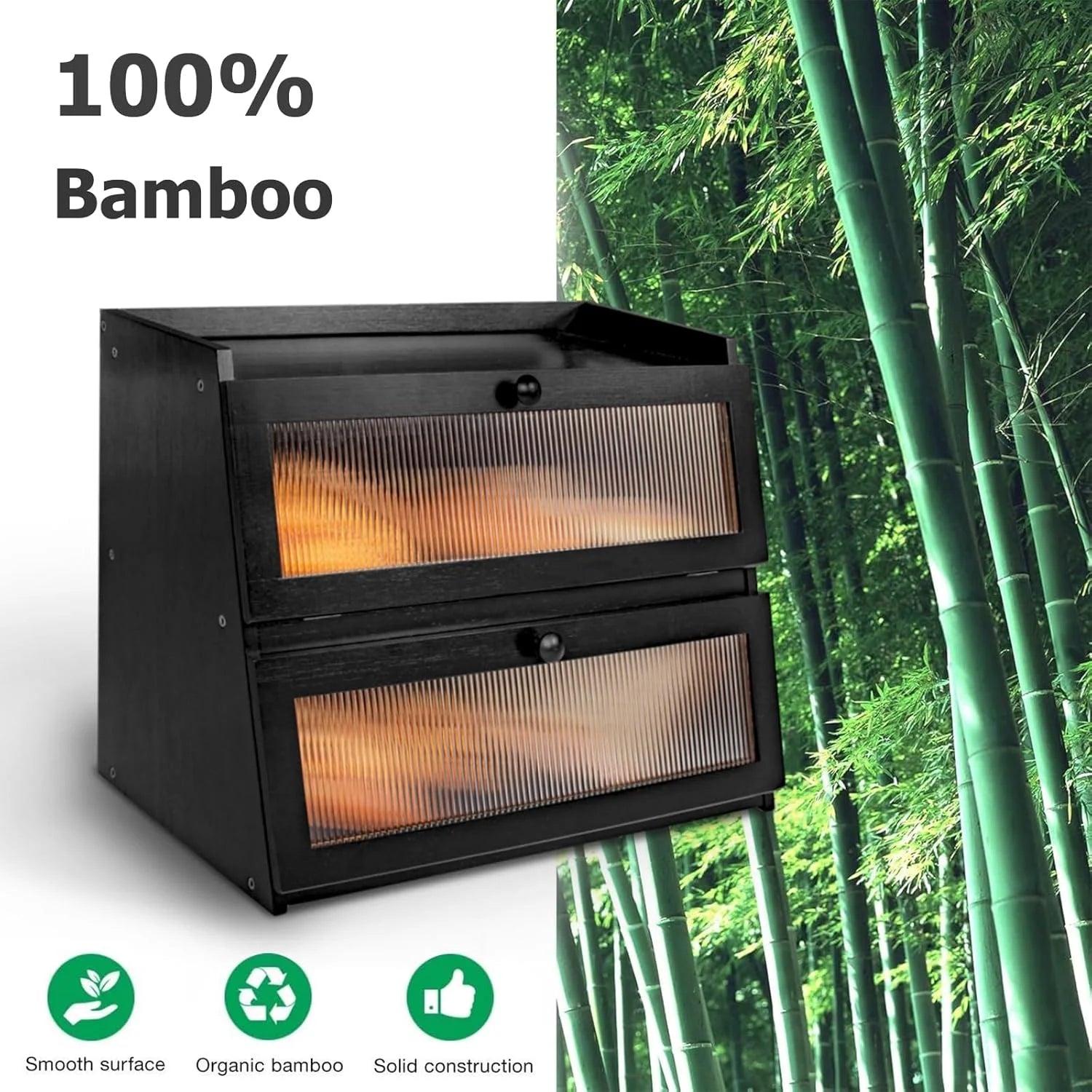 Pure Bamboo Bread Box, Roomy Two-Layer Breadbox for Kitchen Counters, Easy to Assembly Bread Storage Container (Black)