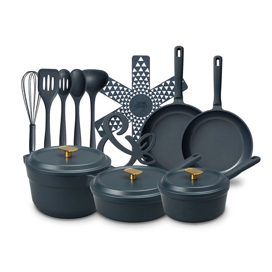 18-Piece Non-Stick Diecast Cookware & Silicone Utensil Set, Pots and Pans Set - Atlantic Blue