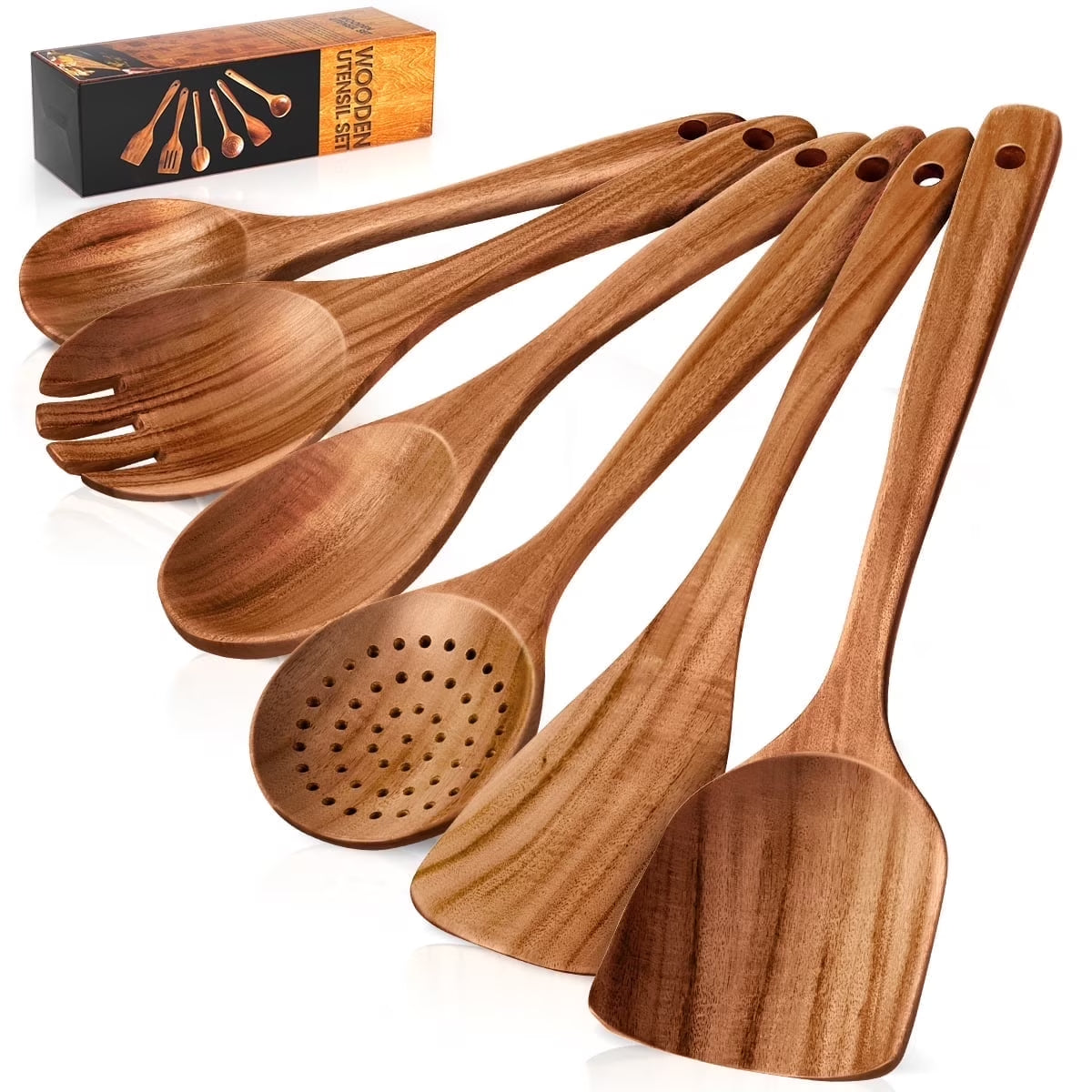 Teak Wood Cooking Utensil Set - 6 Piece Lightweight, Sturdy, and Heat Resistant Wooden Spoons and Spatula for Nonstick Pans and Cookware