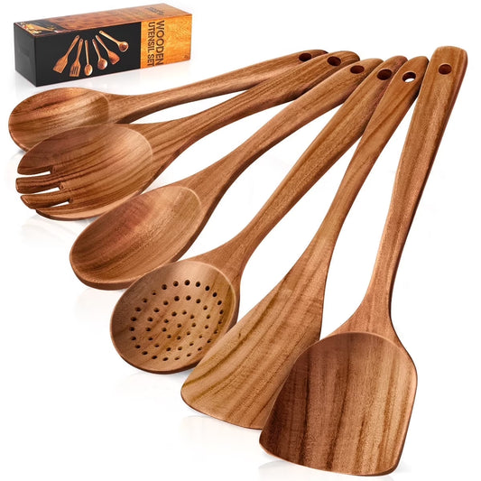Teak Wood Cooking Utensil Set - 6 Piece Lightweight, Sturdy, and Heat Resistant Wooden Spoons and Spatula for Nonstick Pans and Cookware