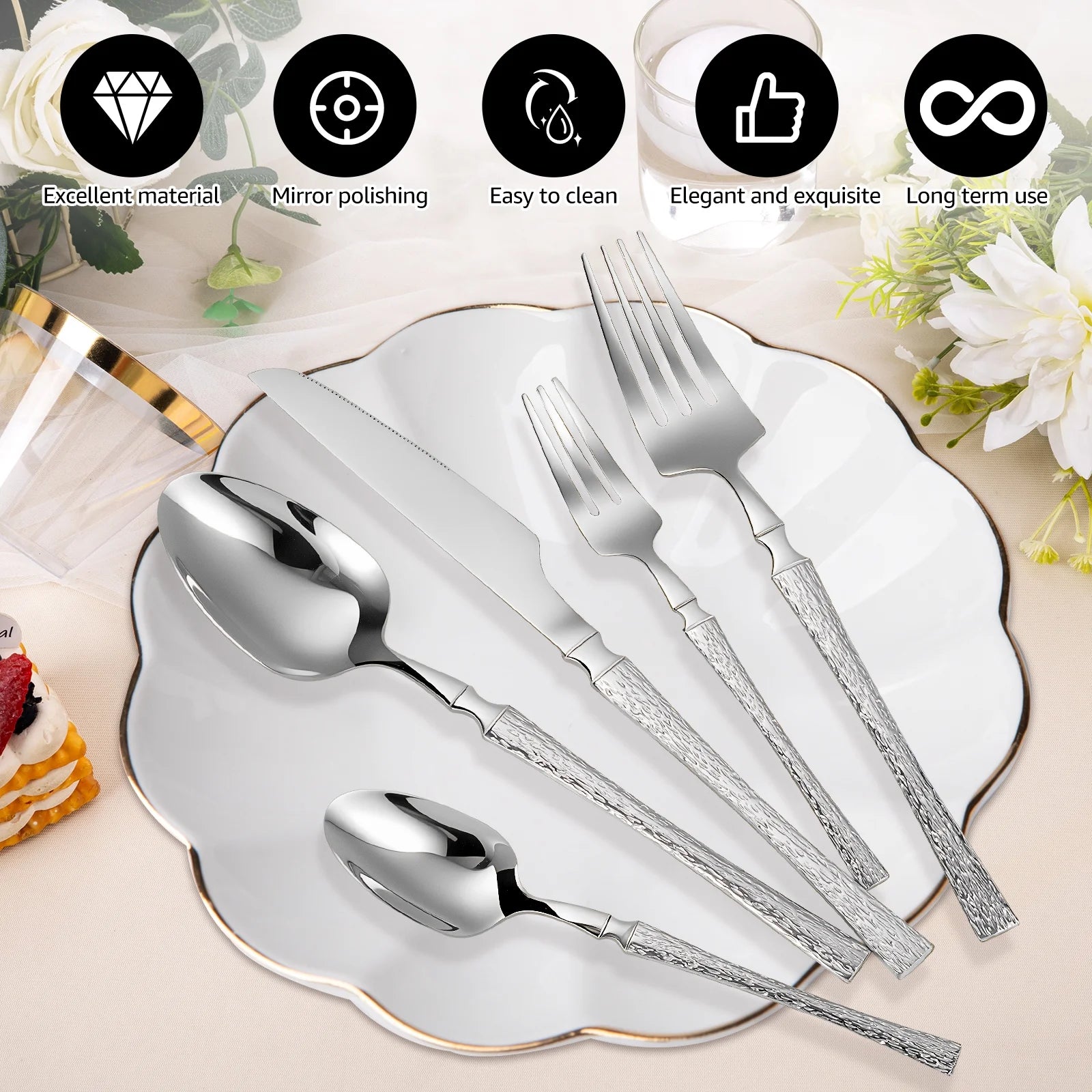 20-Piece Silverware Set with Small Waist Tree Pattern, Stainless Steel Tableware for Hotels, Includes Steak Knife, Fork, Spoon, and Dessert Fork - Dishwasher Safe