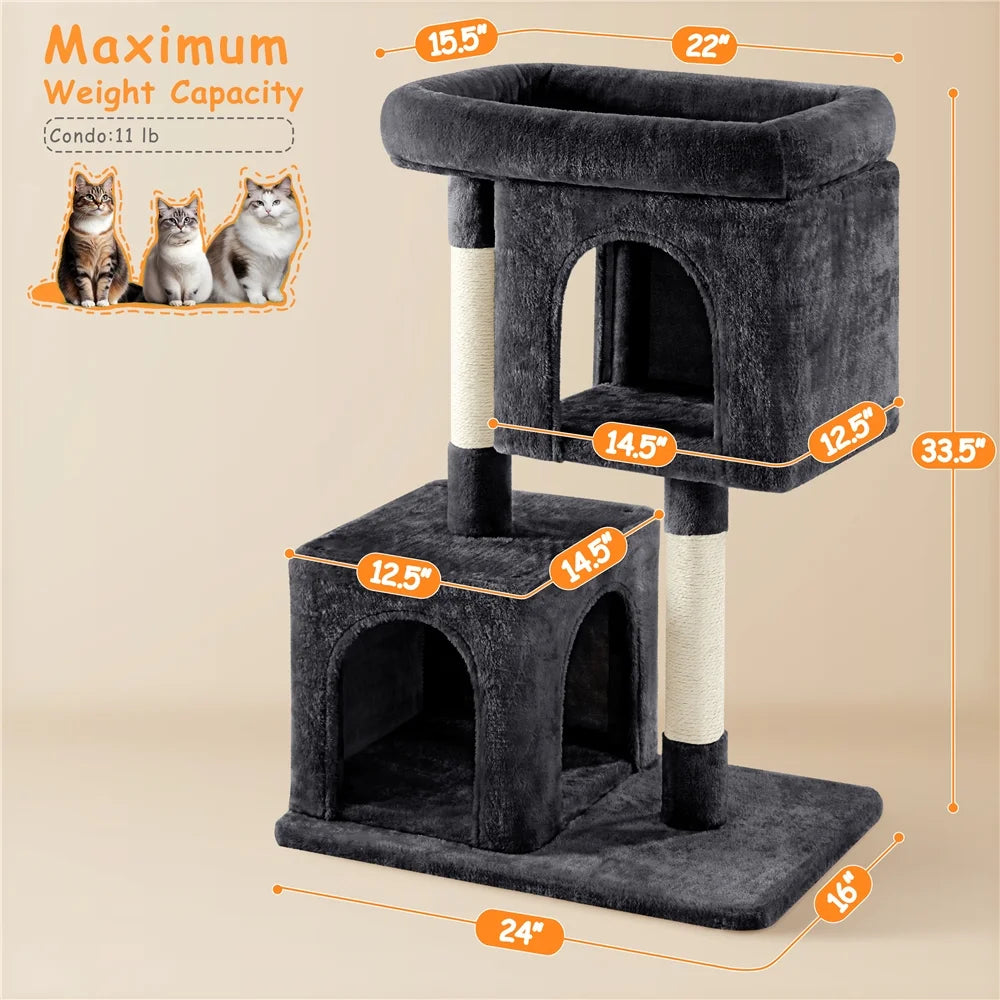 33.4" Double Condo Plush Cat Tree with Scratching Posts in Black