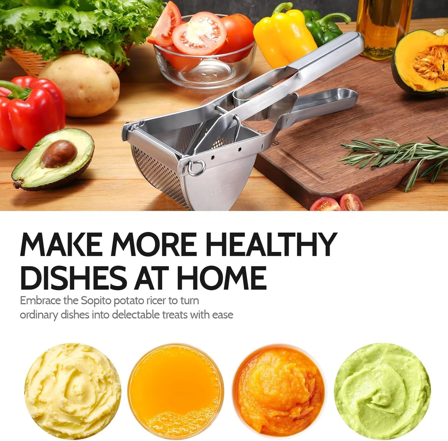 Potato Ricer, Stainless Steel Non-Slip Grip Potato Masher for Commercial and Home Use 11.5" X 3.2" X 4"