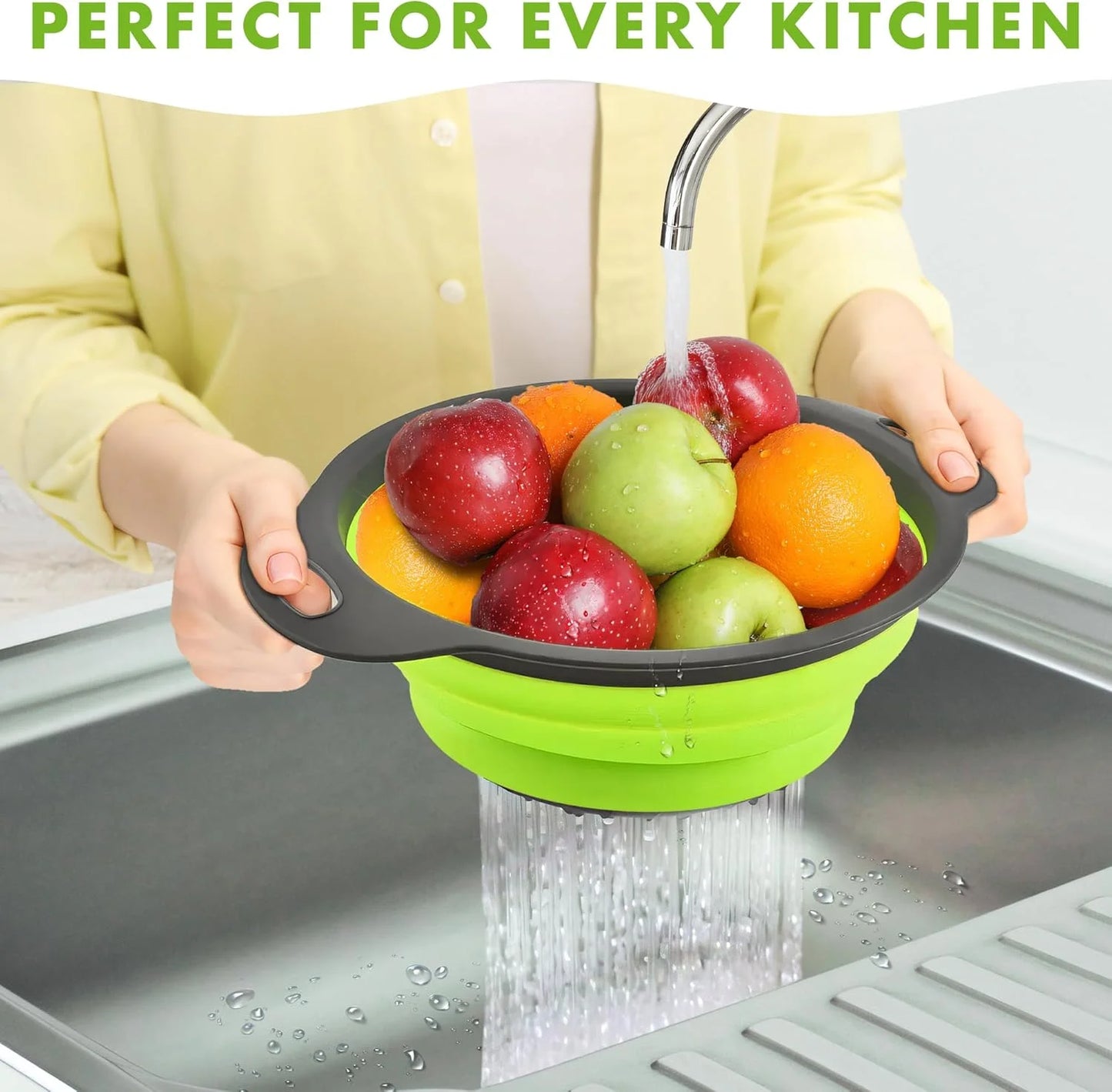 Collapsible Silicone Colander Set - 3-Piece Round Kitchen Strainer Set (2 x 4 Quart, 1 x 2 Quart) - Ideal for Draining Pasta, Vegetables, and Fruits (Green, Blue, Purple)