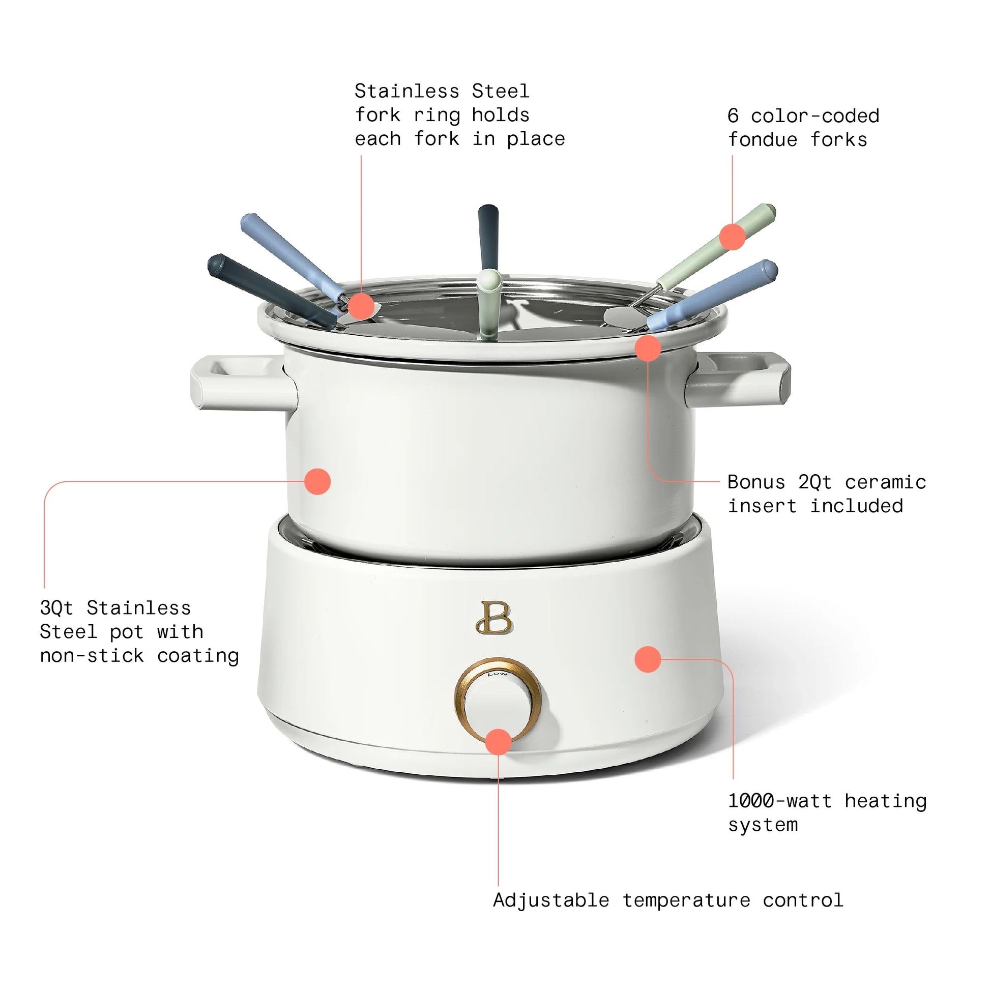 3 Qt Electric Fondue Set with Bonus 2 Qt Ceramic Pot, White Icing by Drew Barrymore