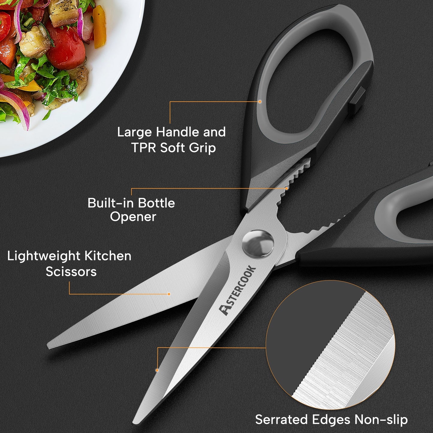 Heavy-Duty Kitchen Scissors Set, Ergonomic Food Shears with Serrated Blade for Poultry, Herbs, and Vegetables, Dishwasher Safe