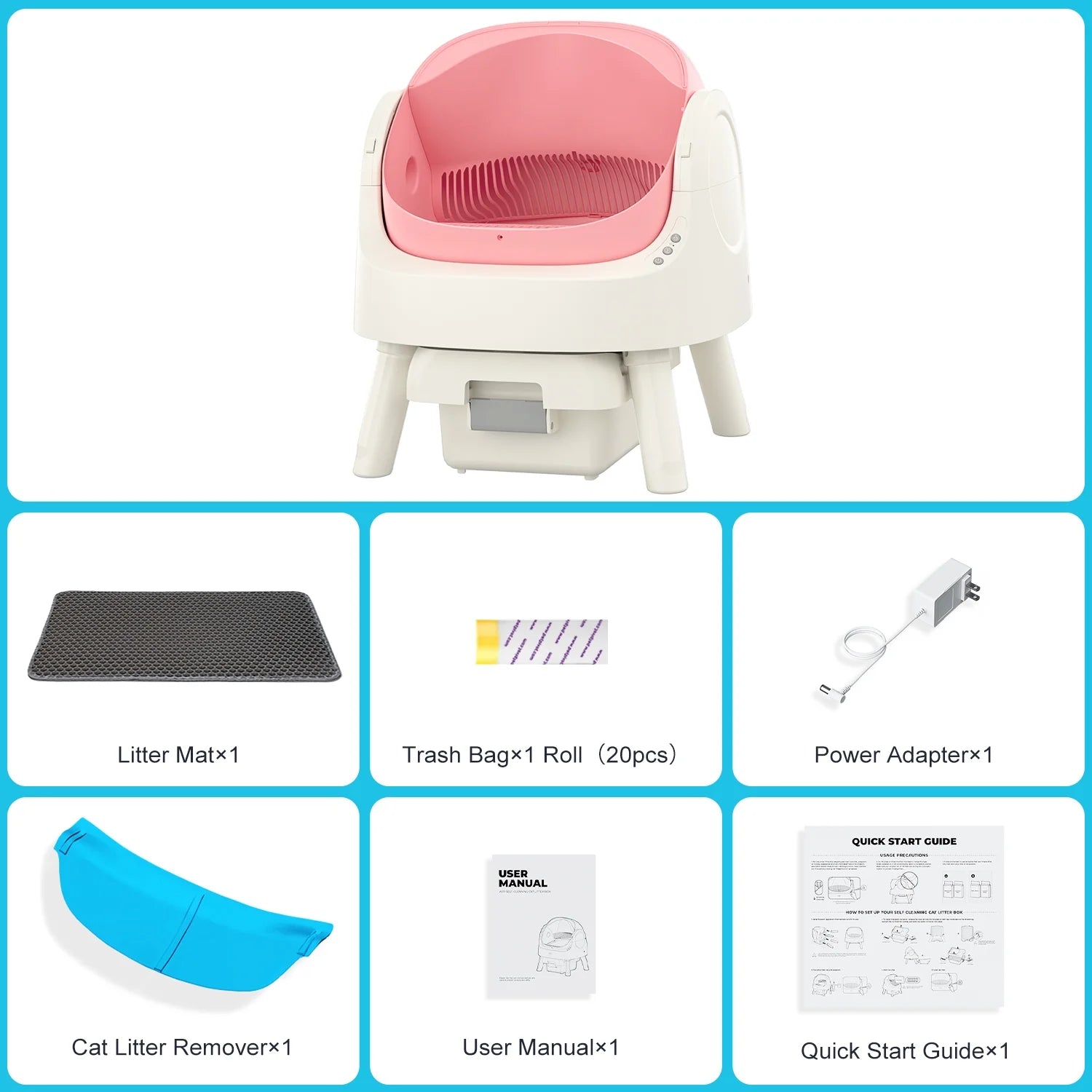 Automatic Self-Cleaning Cat Litter Box with Safety Features, Mat, and Trash Bags Included - Pink