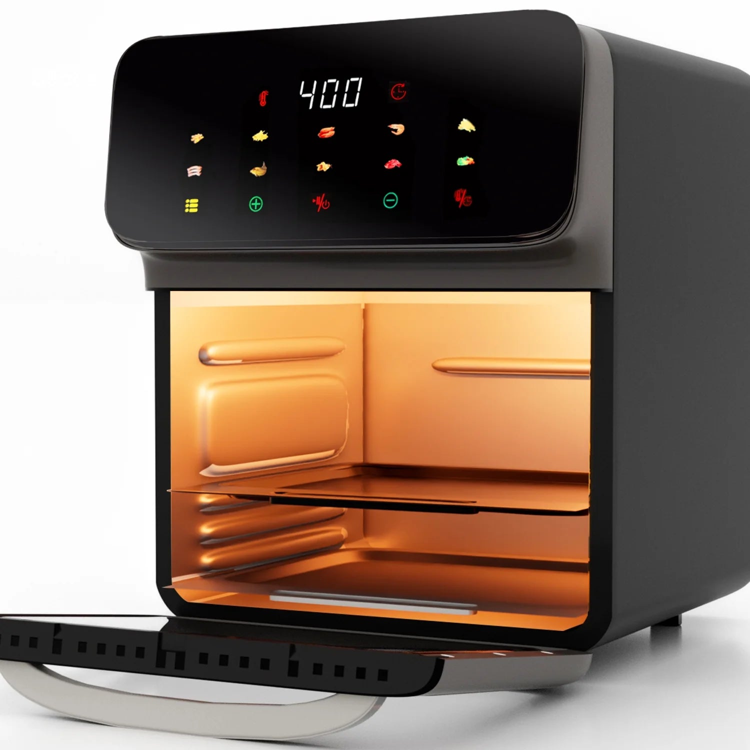12QT Convection Oven Air Fryer with 10-in-1 Functionality, Touchscreen, and Visible Window in Black