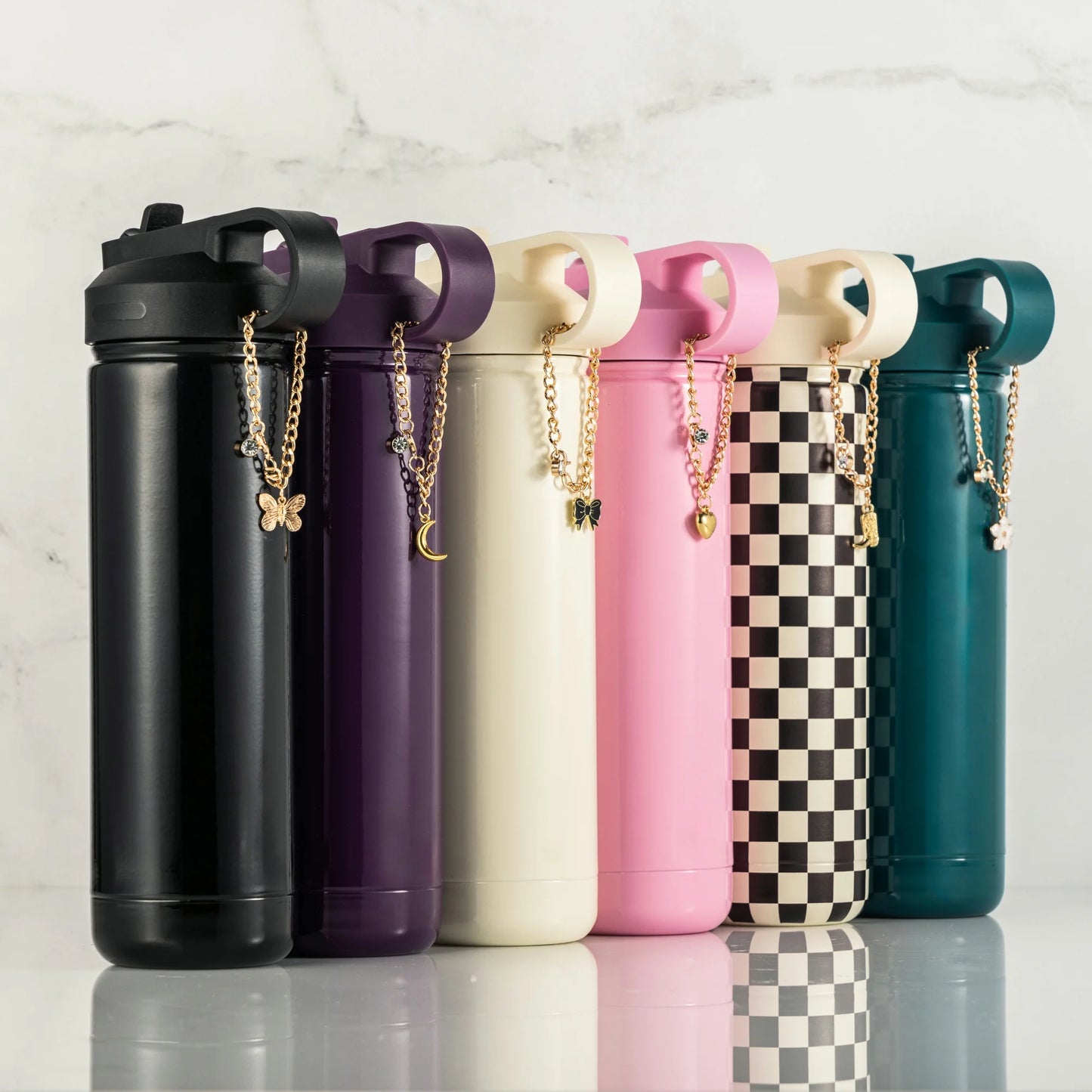 26 oz Water Bottle with Straw Lid, Pink with Gold Heart Charm