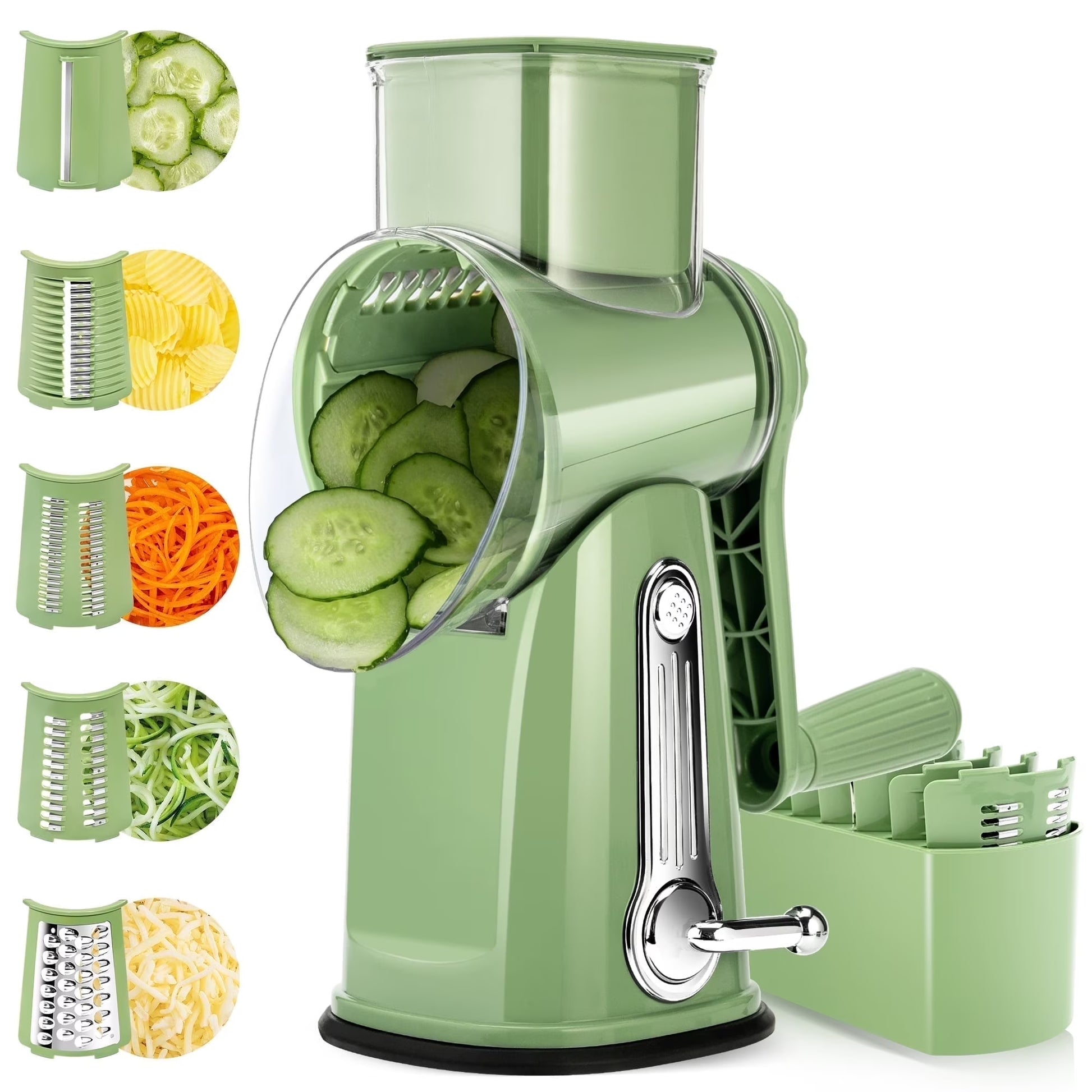 Professional Rotary Cheese Grater with Handle - 5 Interchangeable Blades, Suction Base, Mandoline Slicer & Vegetable Shredder with Blade Storage Box (Green)