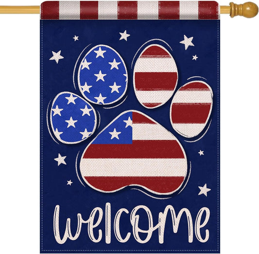 Welcome 4Th of July Dog Cat Paw Print Patriotic Large Decorative House Flag USA