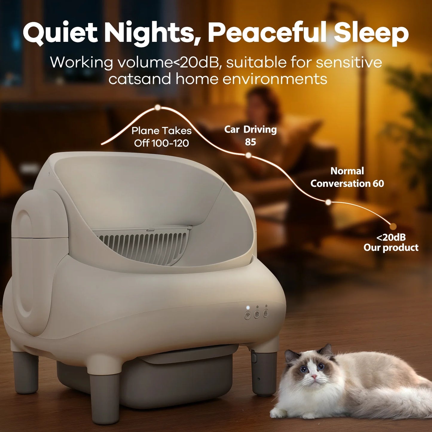 Automatic Self-Cleaning Litter Box with App Control for Multiple Cats, Open Top Design, Safety Sensors, Odor Control, Includes 2 Roll Liners and Large Waste Bin