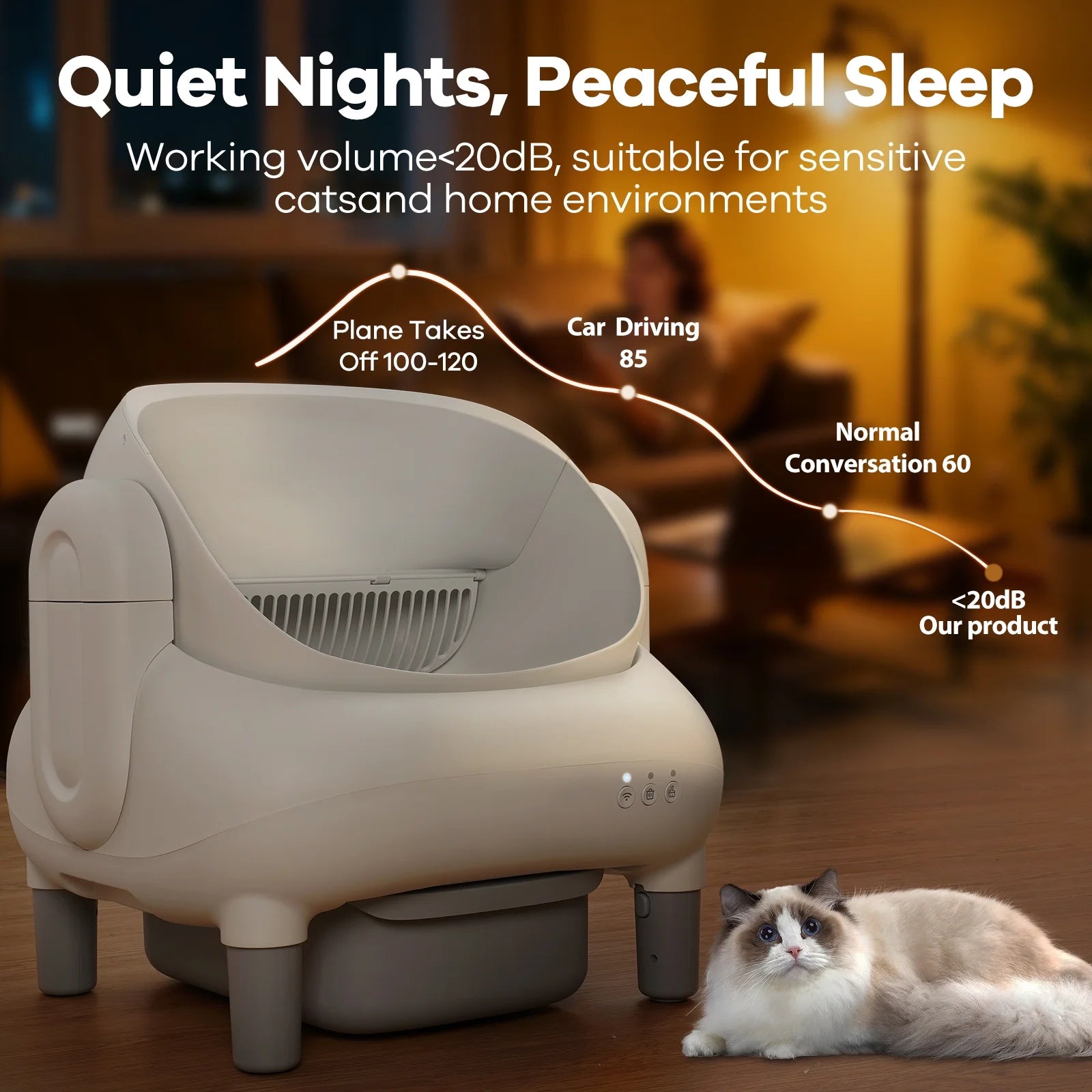 Automatic Self-Cleaning Litter Box with App Control for Multiple Cats, Open Top Design, Safety Sensors, Odor Control, Includes 2 Roll Liners and Large Waste Bin