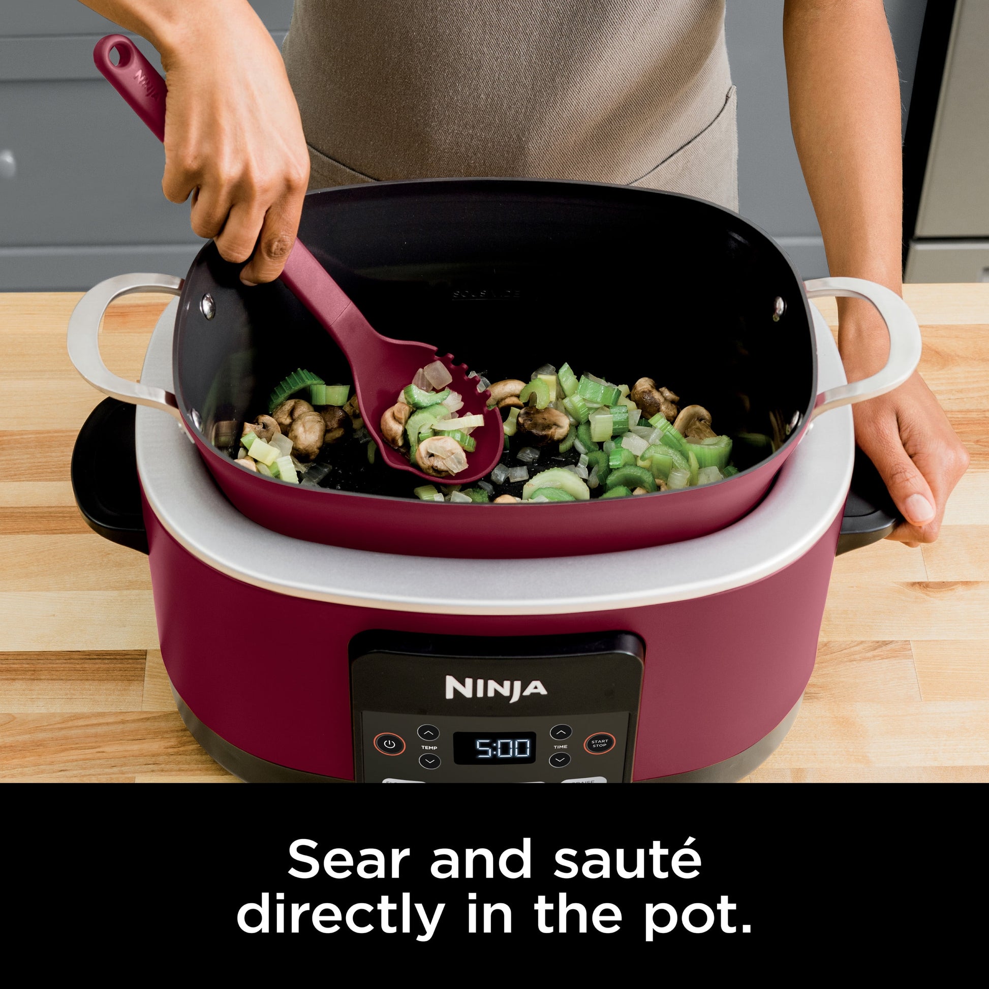 Foodi Possible Cooker, 8.5 Quart, 6-In-1 Multi-Cooker, Slow Cooker, Steamer, Glass Lid Integrated Cooking Utensil, Nonstick, Oven Safe Pot to 500°F, Cherry Tarte, MC1000WM