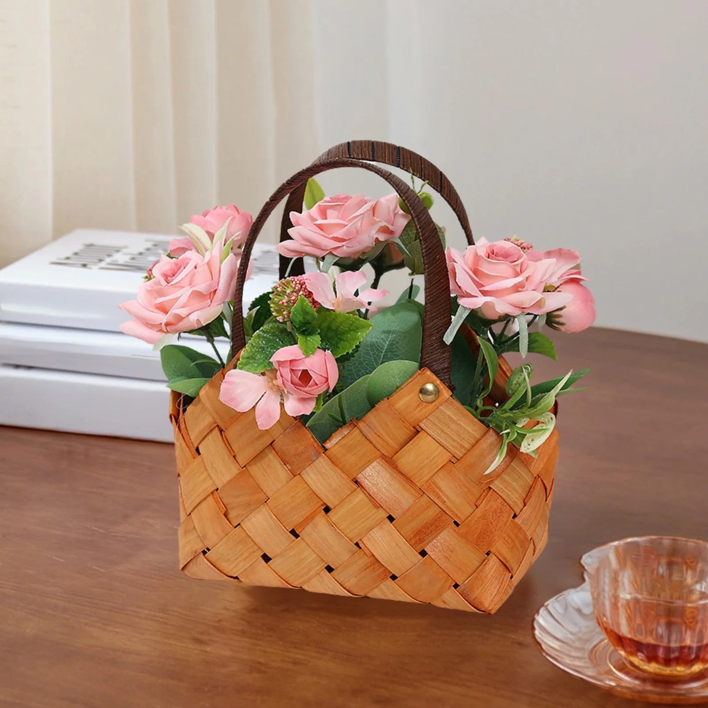 Flower Wicker Basket with Handle,Fake Roses Flowers Suitables for Mother'S Day Gifts,Home Kitchen Wedding Decoration,Handheld Flower Baskets for Wedding