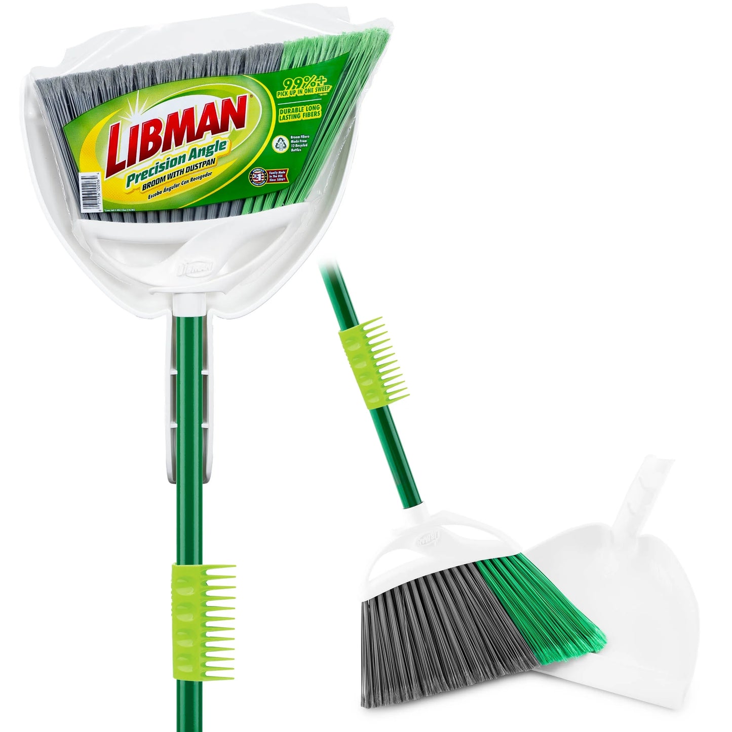 Household Angle Broom and Dust Pan W/Clean Fibers Comb Green / White