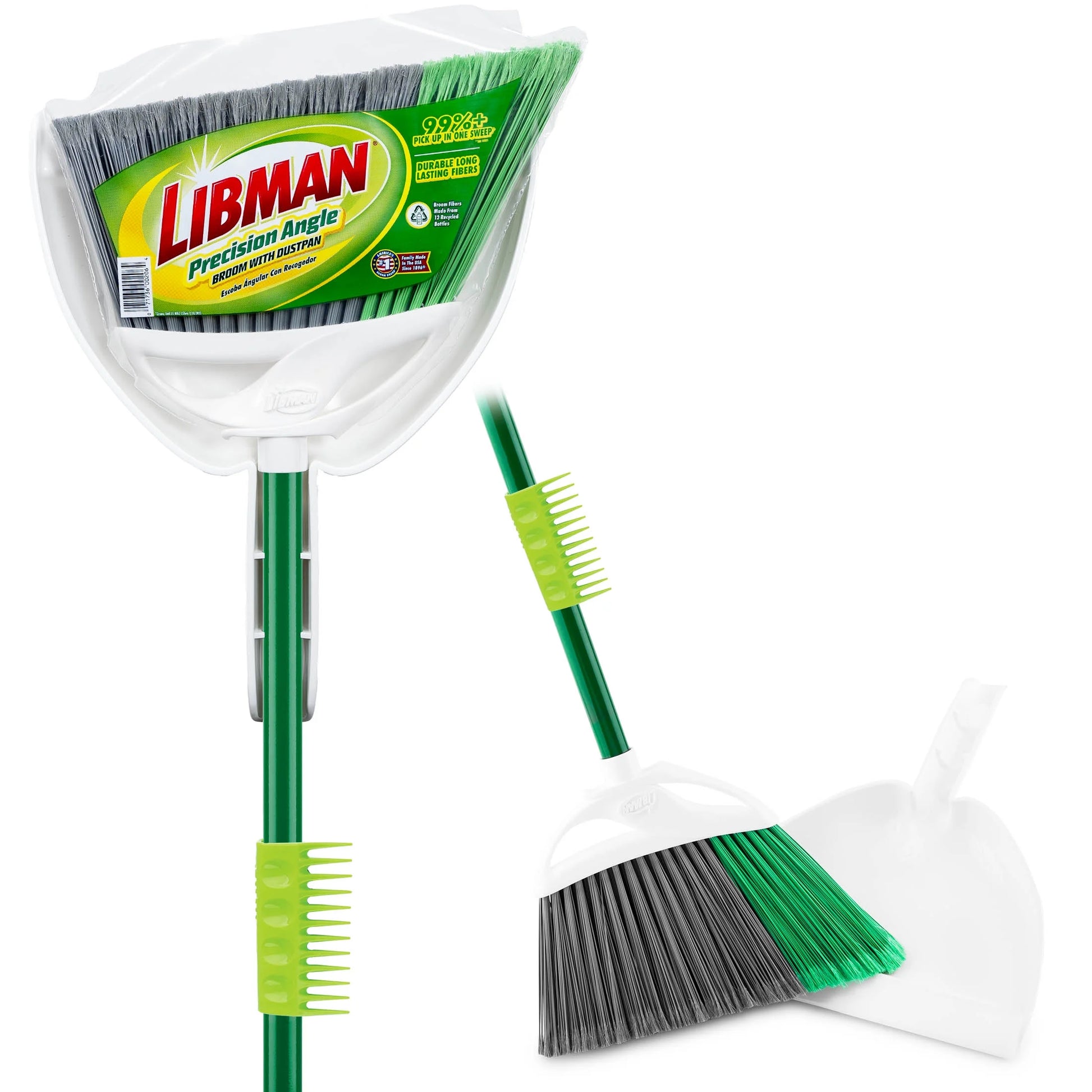 Household Angle Broom and Dust Pan W/Clean Fibers Comb Green / White