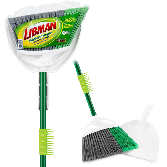 Household Angle Broom and Dust Pan W/Clean Fibers Comb Green / White